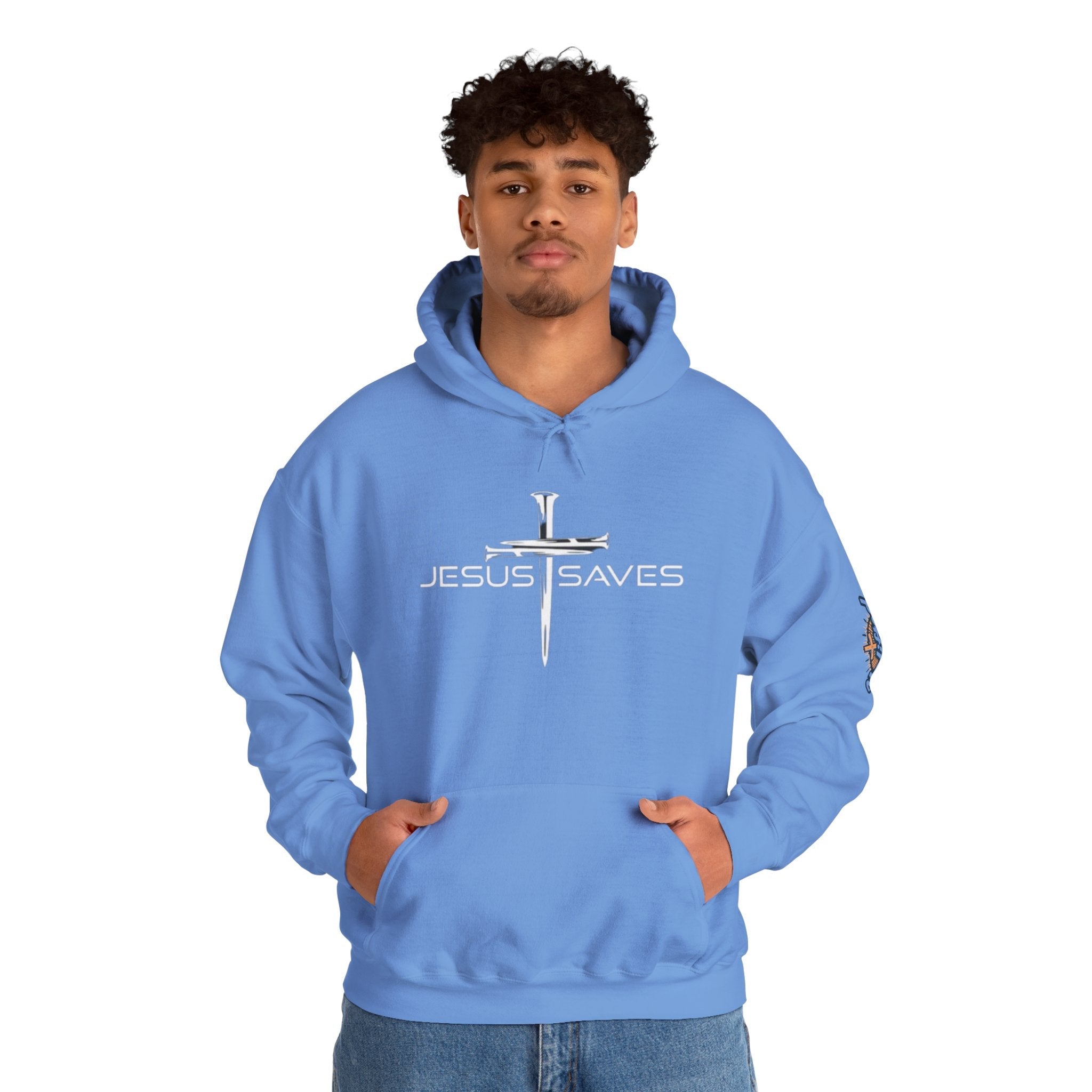 Jesus Saves Hoodie – 3 Nails Crucifix Cross Christian Sweatshirt for Redemption Faith & Bold Salvation Printify