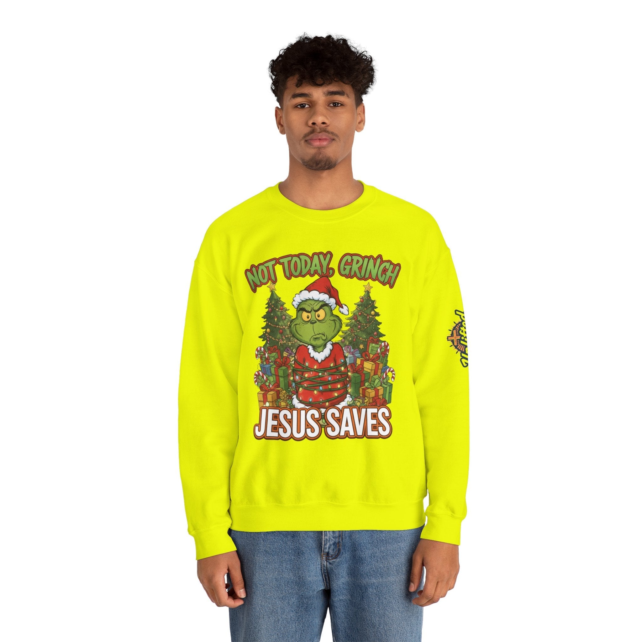 🎄 Not Today, Grinch – Jesus Saves | Funny Christian Christmas Sweatshirt | Sulking Grinch & Glowing Cross | Bold Neon Faith Tee by Uplifted Gear Printify