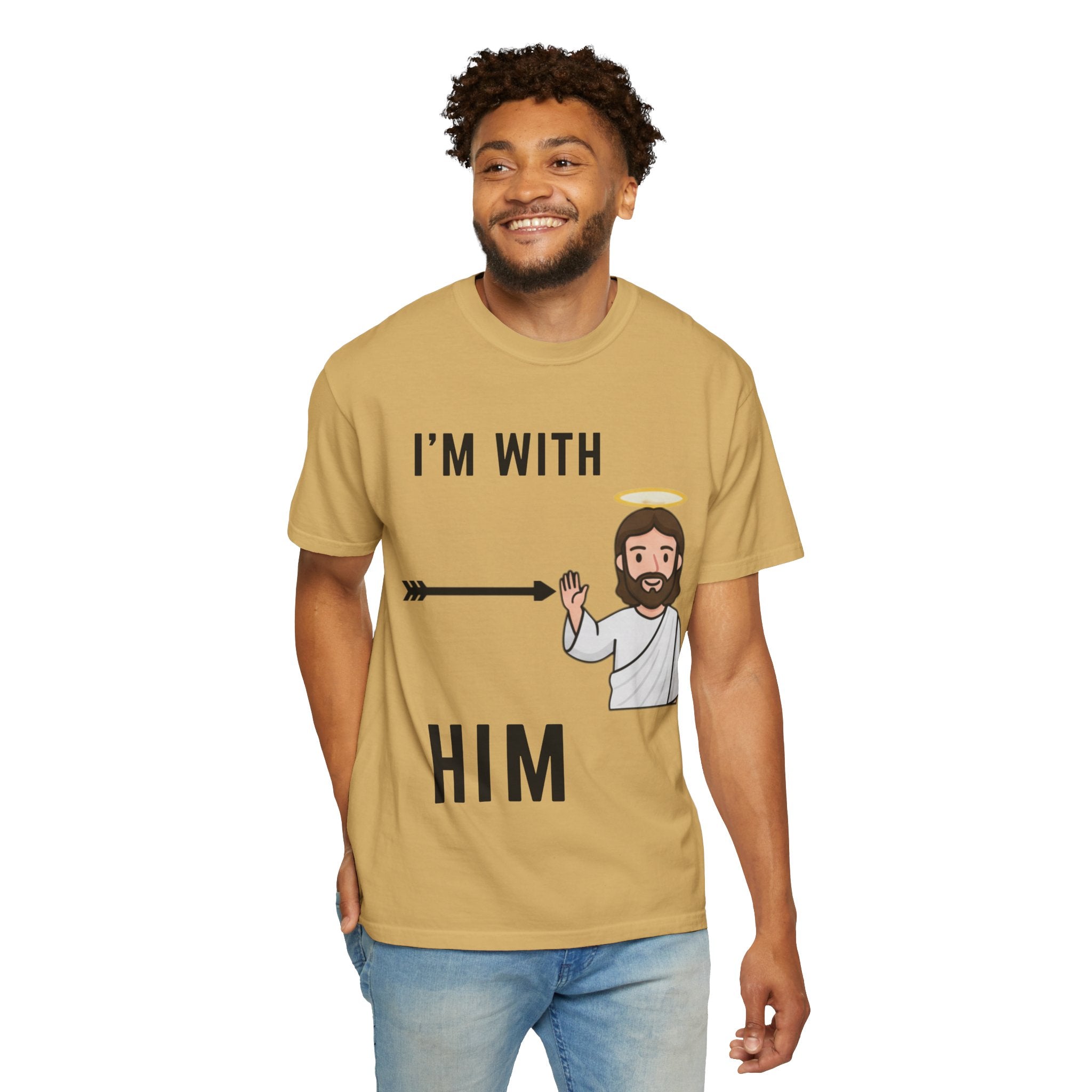 🔥 I’m With Him → Christian T-Shirt | Arrow Pointing to Jesus | Minimalist Faith Tee | Subtle Cross Design | Bible-Inspired Apparel by Uplifted Gear Printify