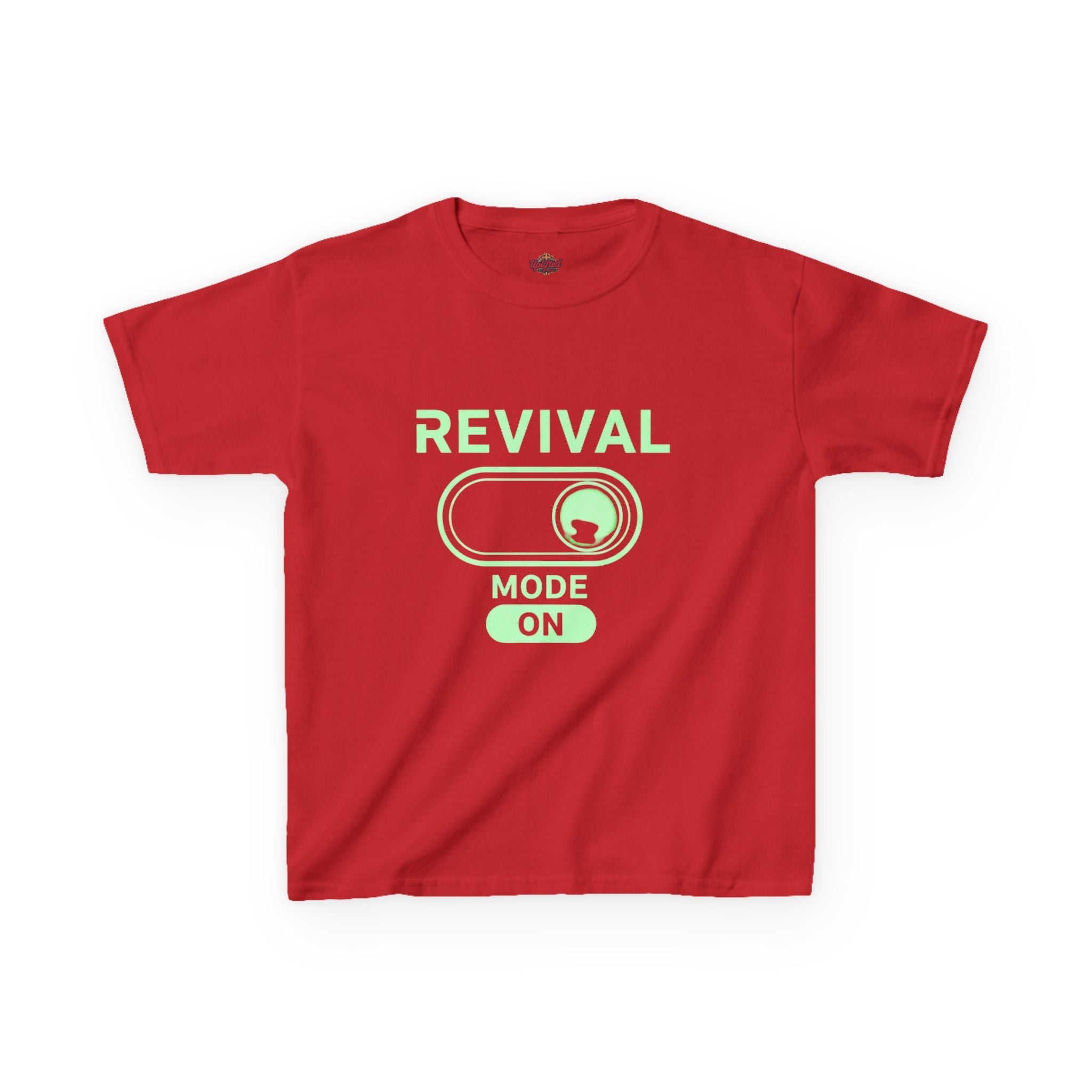 🔥 Revival Mode: ON – Christian Techwear Kids T-Shirt | Glowing Green Faith Switch | Futuristic Jesus Shirt | Activate Your Spiritual Awakening | Uplifted Gear Printify