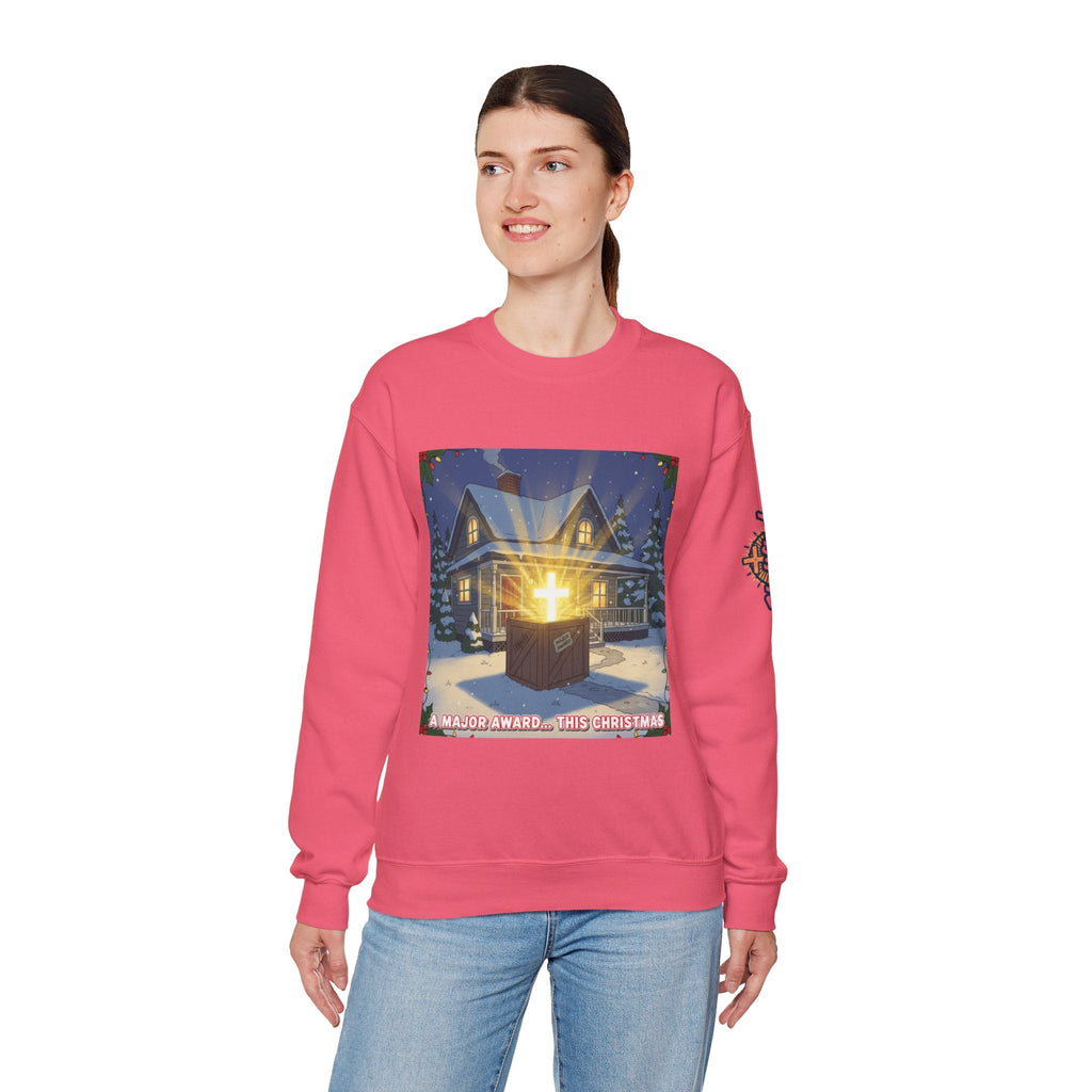 A Major Award This Christmas Sweatshirt – Fragile Leg Lamp Parody Cross Unboxing Christian Sweatshirt for Hilarious Faith & Holiday Glow Printify