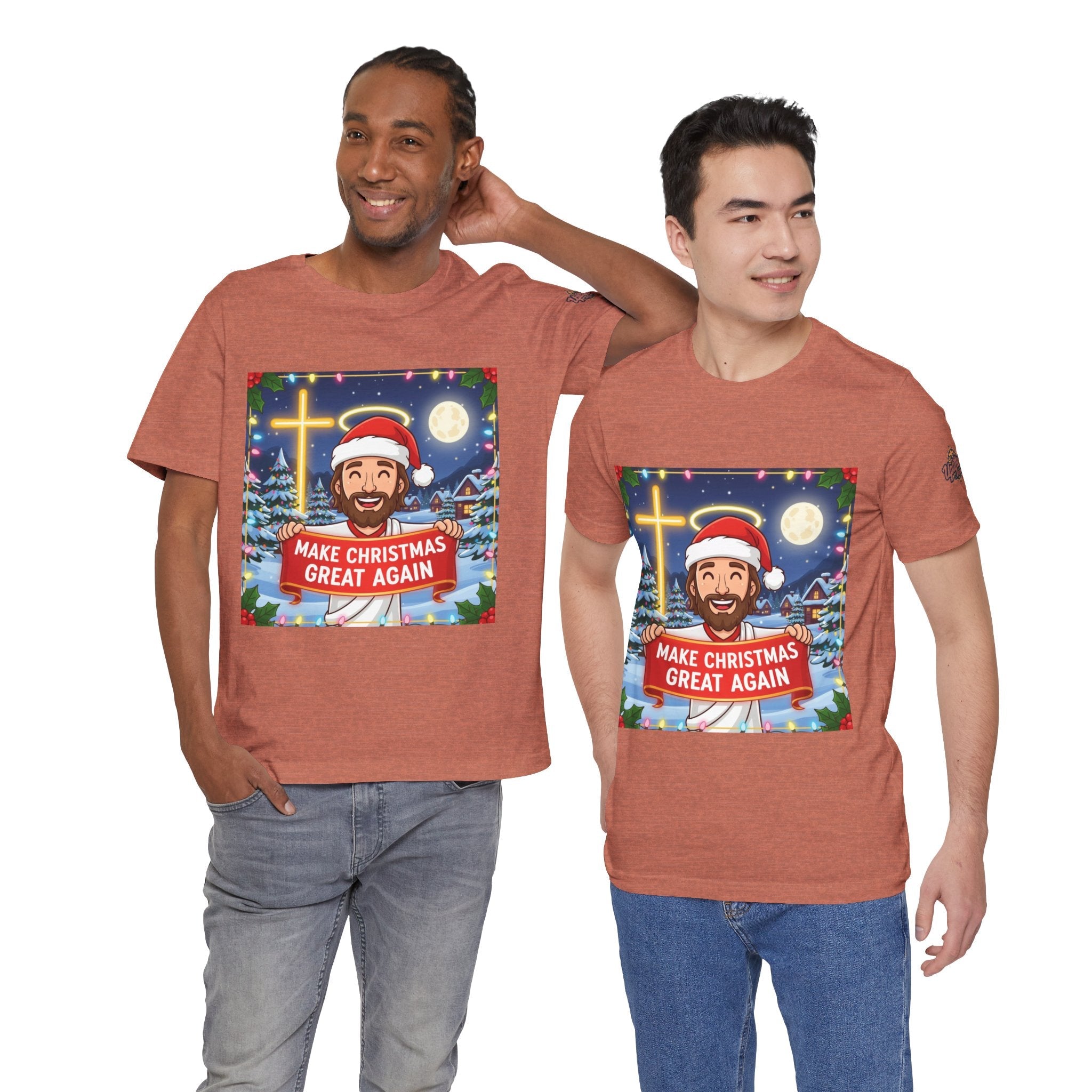 🎄 Make Christmas Great Again – Funny Christian T-Shirt | Jesus Holding Banner | Faith-Based Holiday Parody Tee | Uplifted Gear Printify