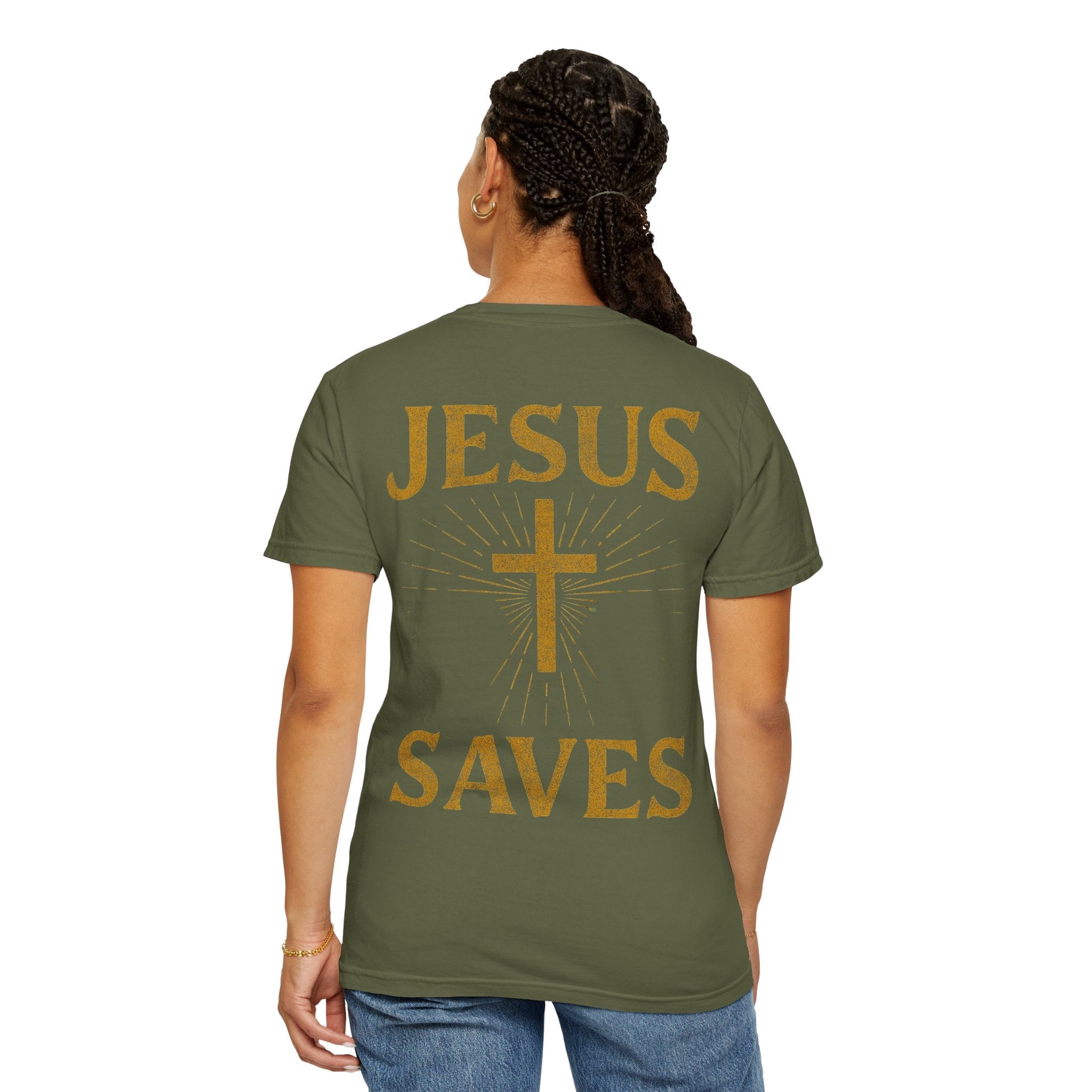 Jesus Saves T-shirt – Radiant Cross & Rays of Light Christian T-shirt for Eternal Hope & Faith Printify