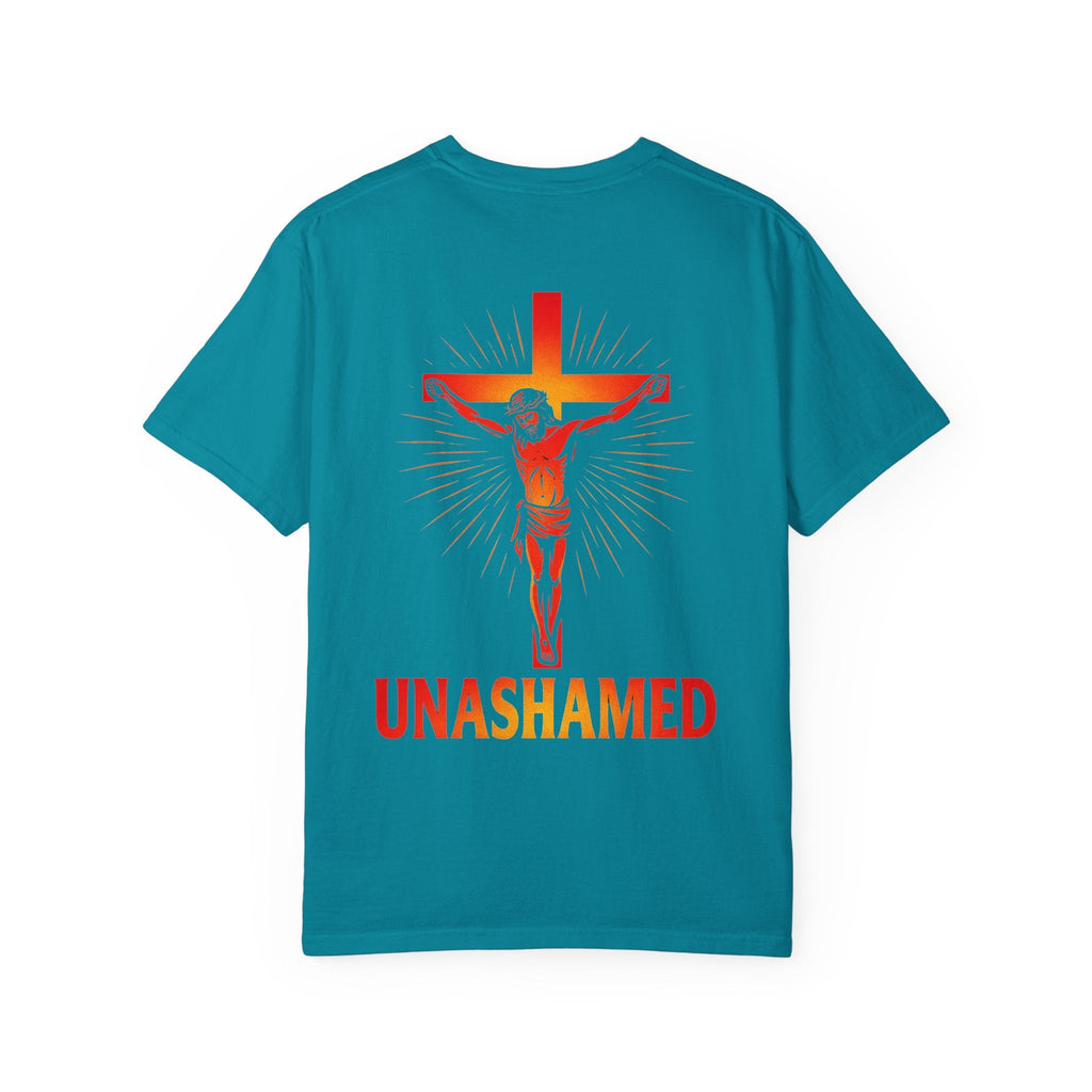 Unashamed T-shirt – Romans 1:16 Crucifixion Christian t-shirt for Bold Unwavering Faith Red Printify