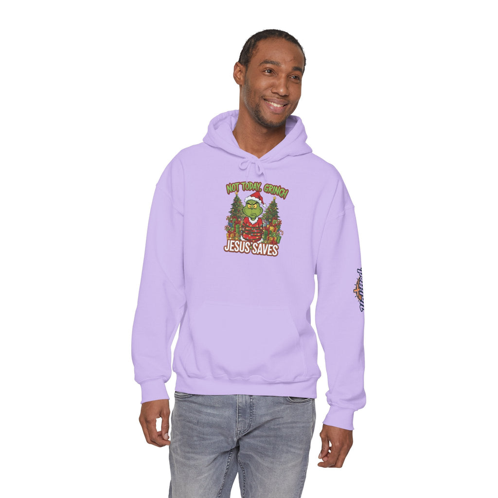 🎄 Not Today, Grinch – Jesus Saves | Funny Christian Christmas Hoodie | Sulking Grinch & Glowing Cross | Bold Neon Faith Tee by Uplifted Gear Printify