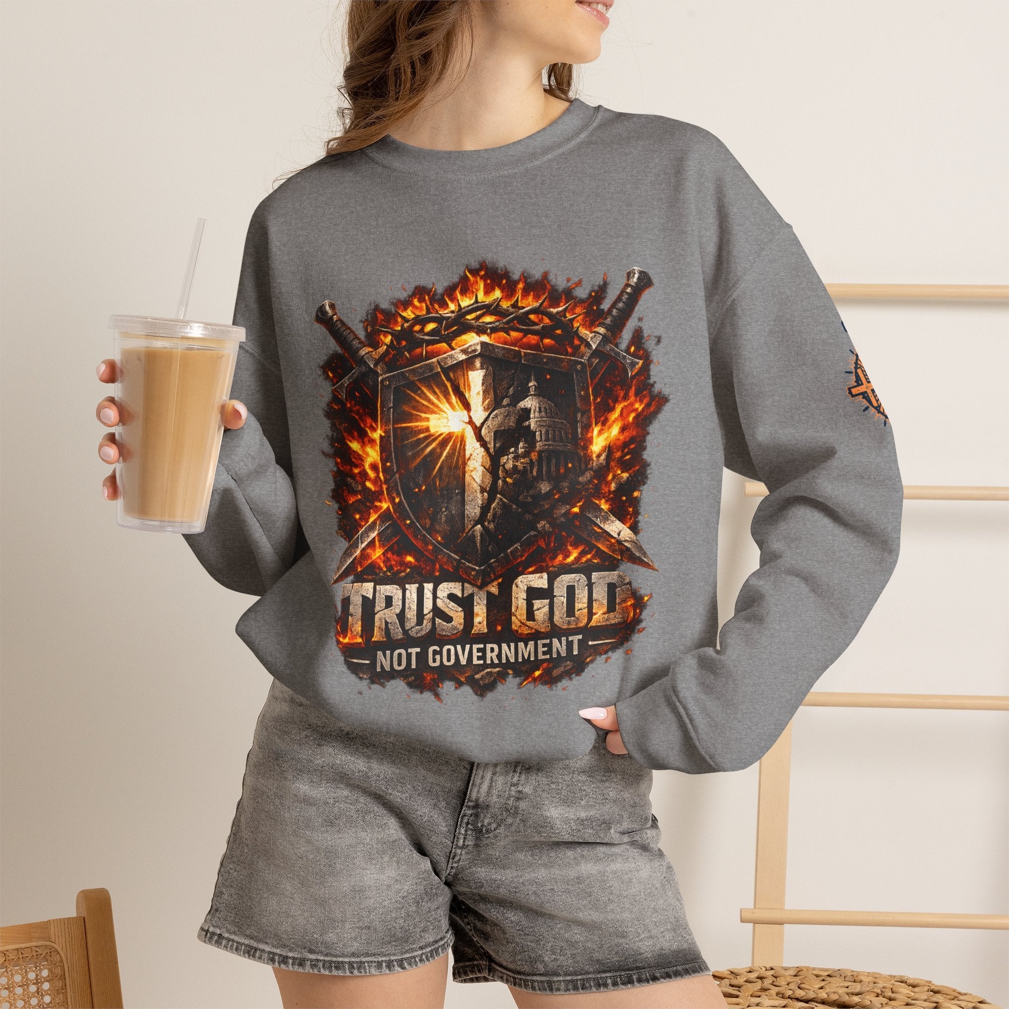 Trust God Not Government Shield Sweatshirt — Patriotic Christian Faith Sweatshirt Printify