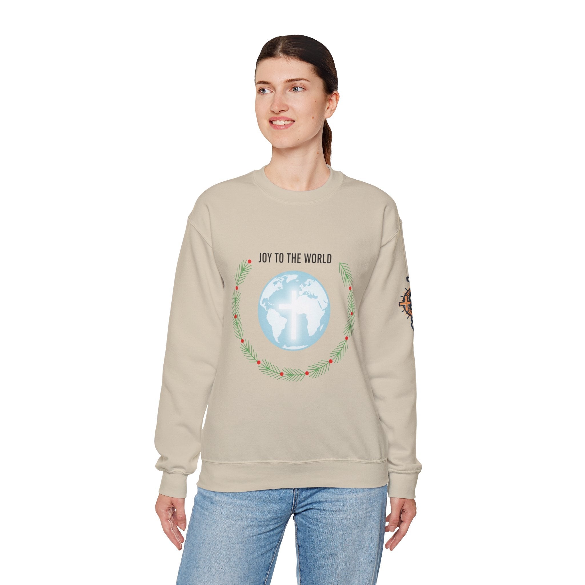 Joy to the World Sweatshirt – Wreath Earth Nativity Christian Christmas Sweatshirt for Isaiah 9:6 Holiday Faith & Festive Joy Printify