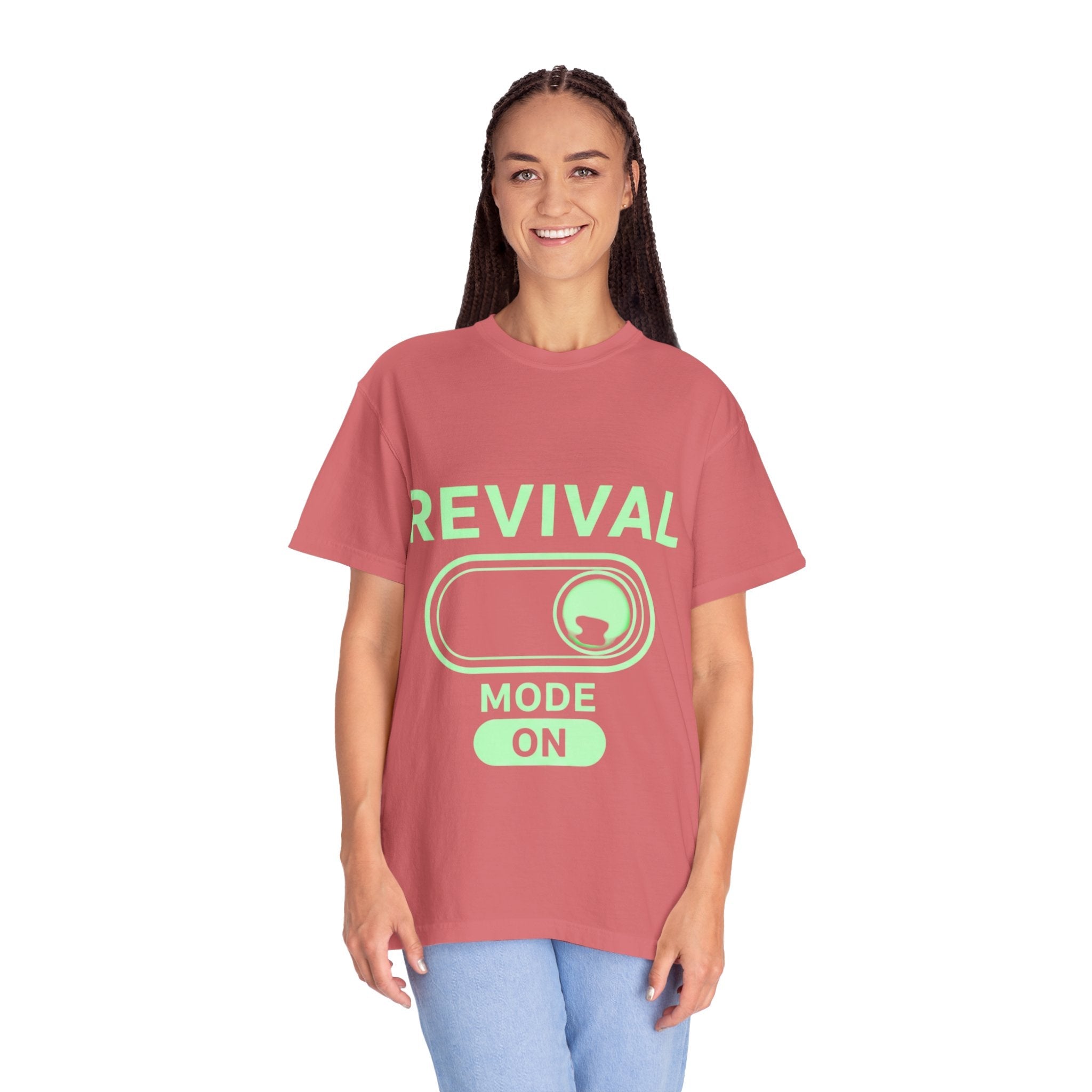 🔥 Revival Mode: ON – Christian Techwear T-Shirt | Glowing Green Faith Switch | Futuristic Jesus Shirt | Activate Your Spiritual Awakening | Uplifted Gear Printify