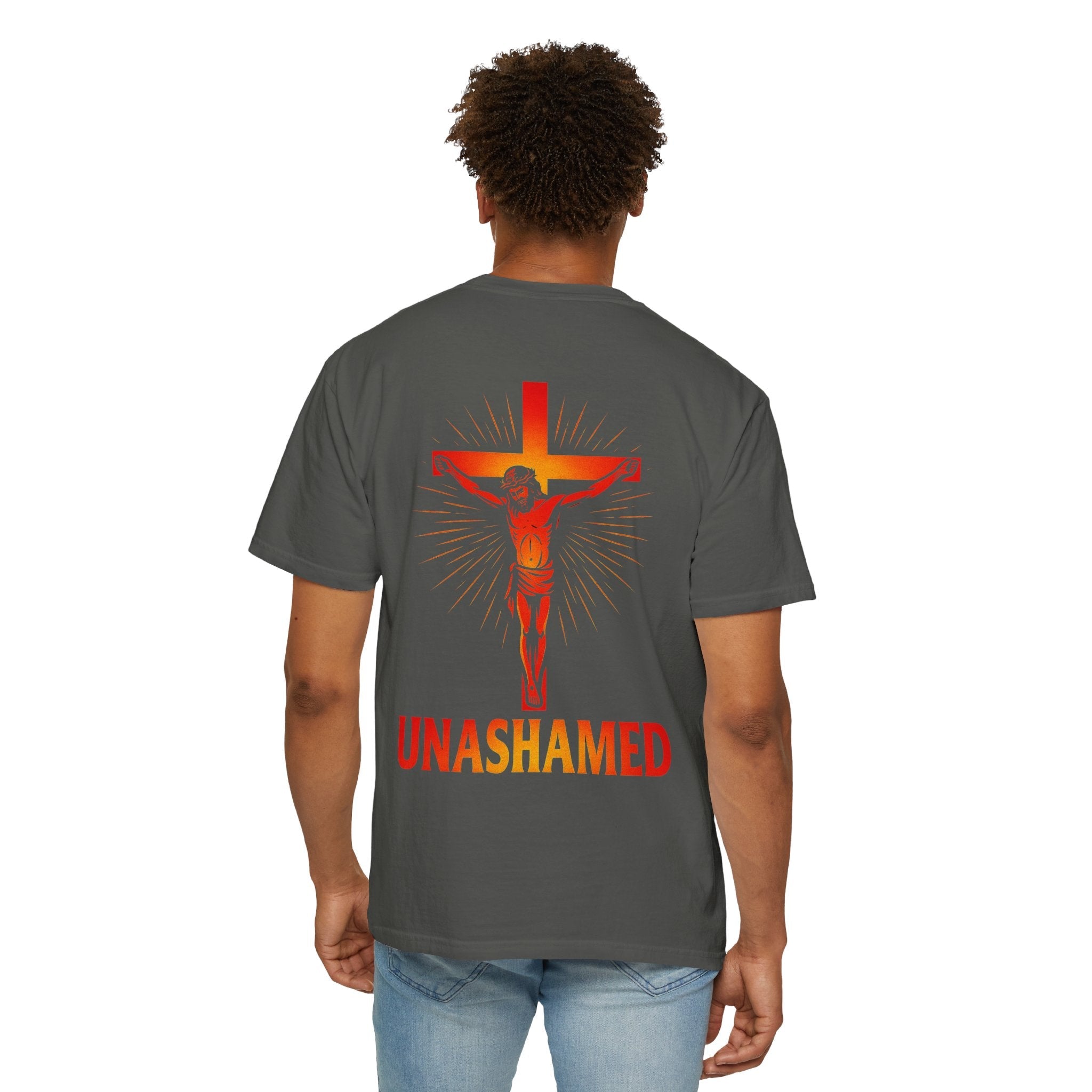 Unashamed T-shirt – Romans 1:16 Crucifixion Christian t-shirt for Bold Unwavering Faith Red Printify
