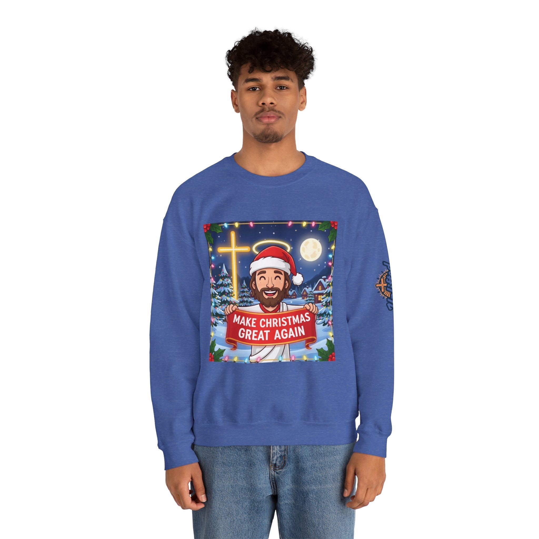 🎄 Make Christmas Great Again – Funny Christian Sweatshirt | Jesus Holding Banner | Faith-Based Holiday Parody Tee | Uplifted Gear Printify