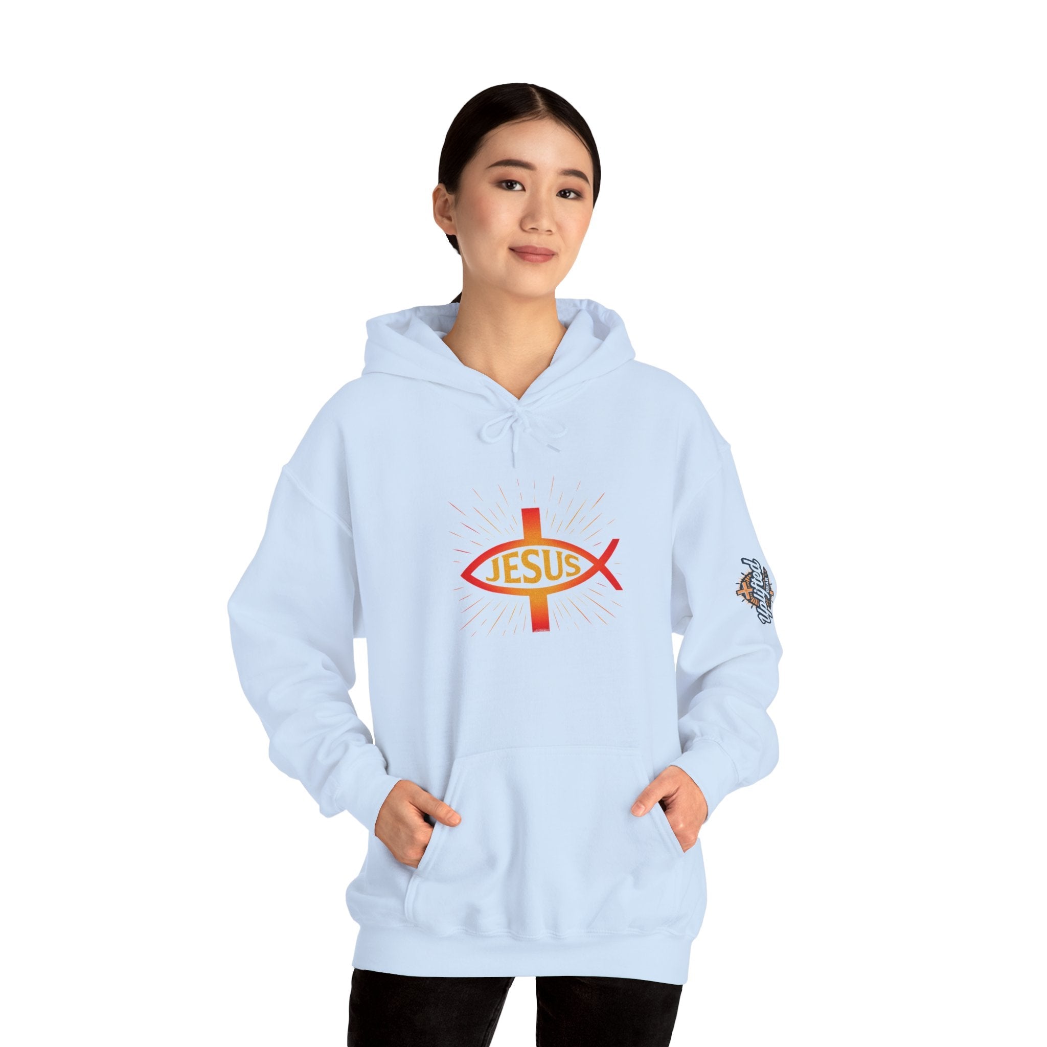 Jesus Ichthys Hoodie – Christian Fish Symbol with Cross & Jesus Inscription Sweatshirt for Eternal Faith & Streetwear Printify