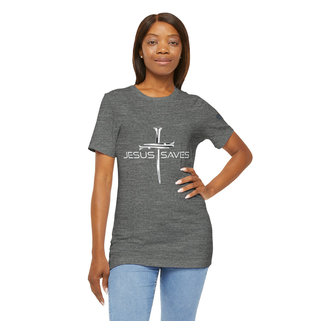 Jesus Saves T-shirt – 3 Nails Crucifix Cross Christian T-shirt for Redemption Faith & Bold Salvation Printify