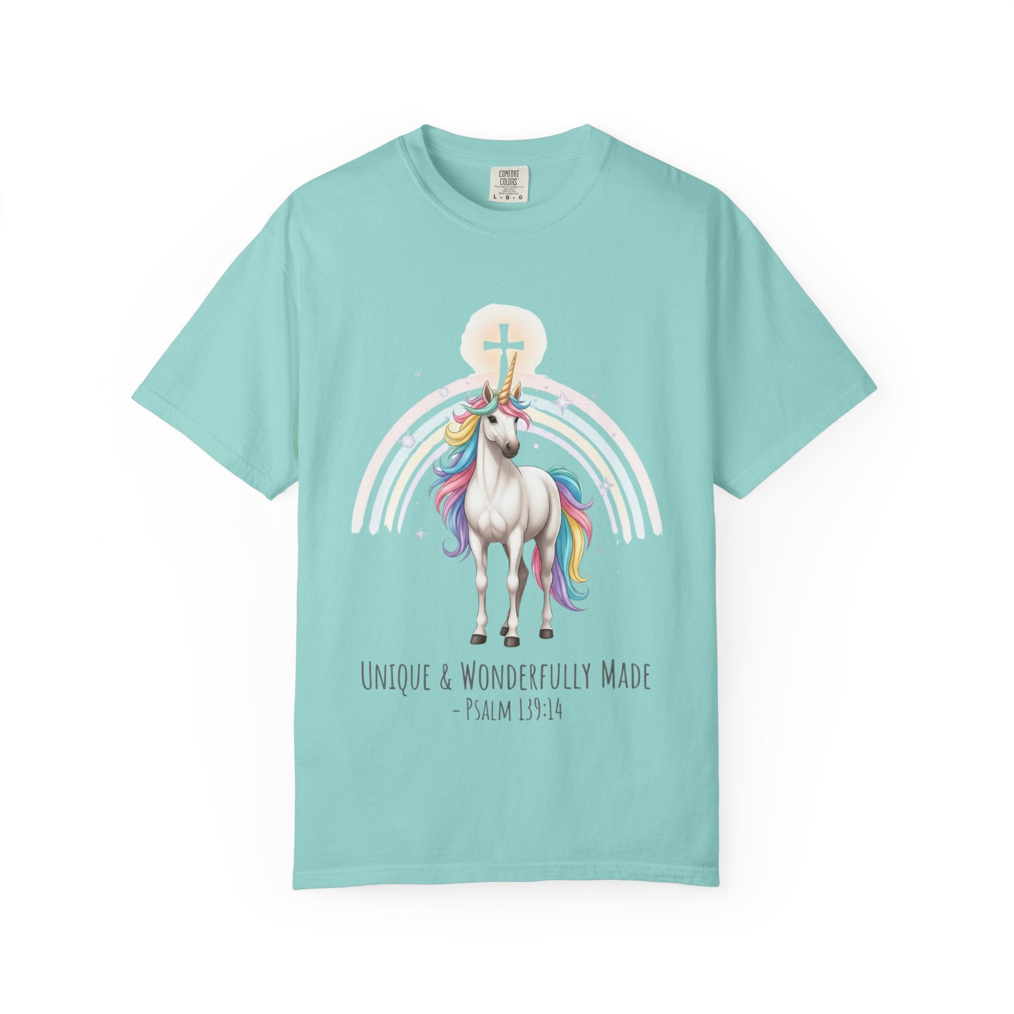 Unique Unicorn Christian T-Shirt – Wonderfully Made with Rainbow Cross & Psalm 139:14 Printify