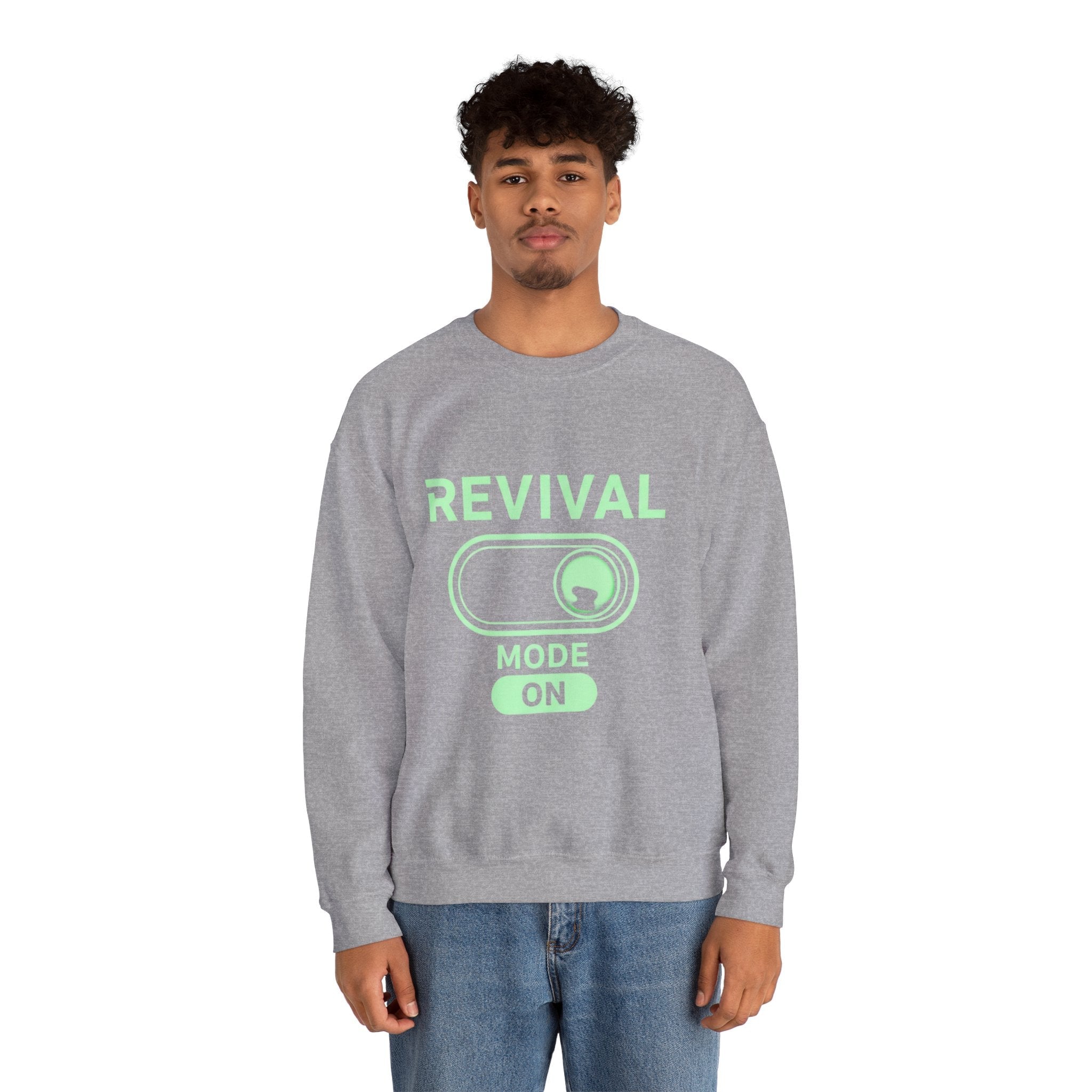 🔥 Revival Mode: ON – Christian Techwear Sweatshirt | Glowing Green Faith Switch | Futuristic Jesus Shirt | Activate Your Spiritual Awakening | Uplifted Gear Printify