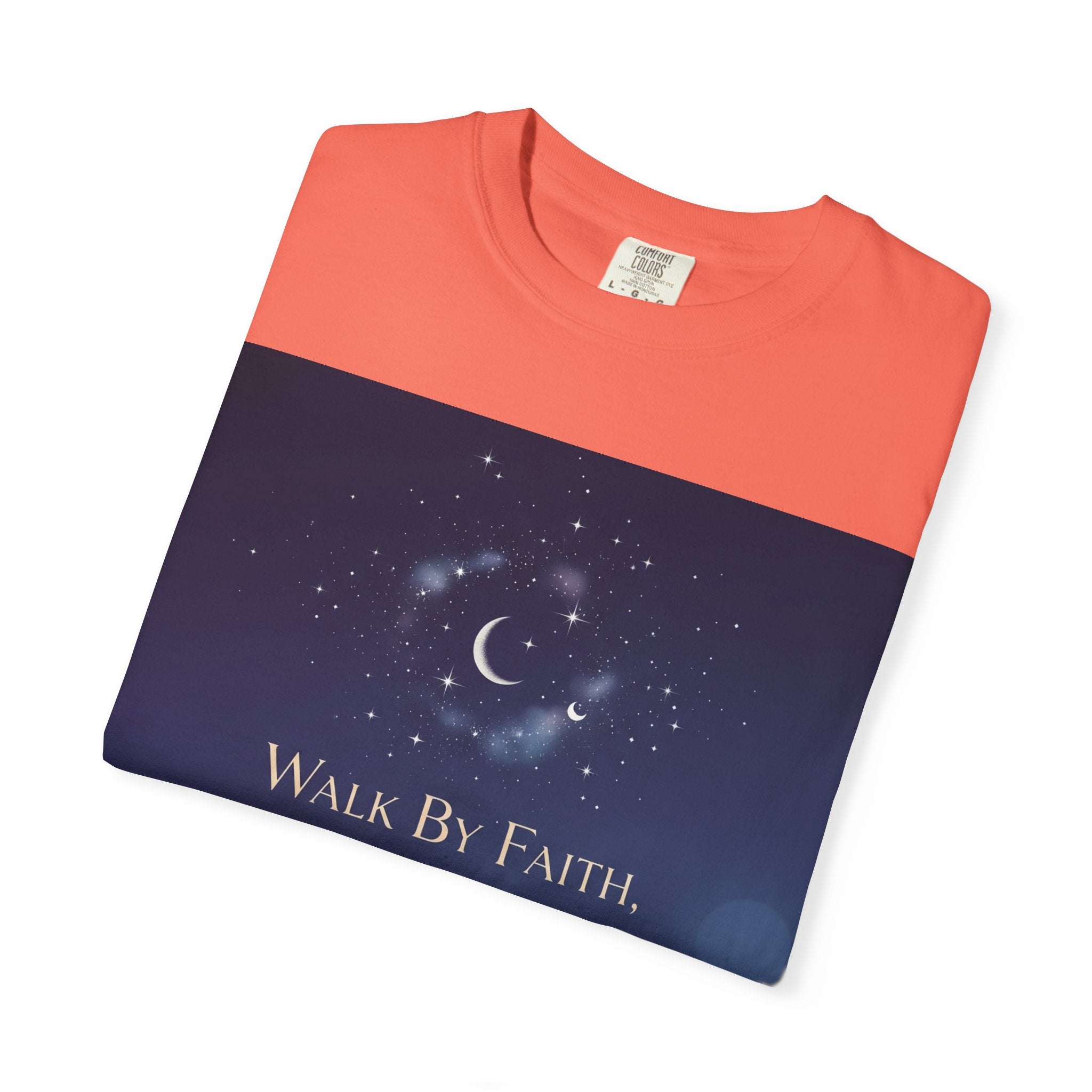 Walk by Faith, Not by Sight T-Shirt – Footprints in the Sand Christian Moonlit Tee Printify