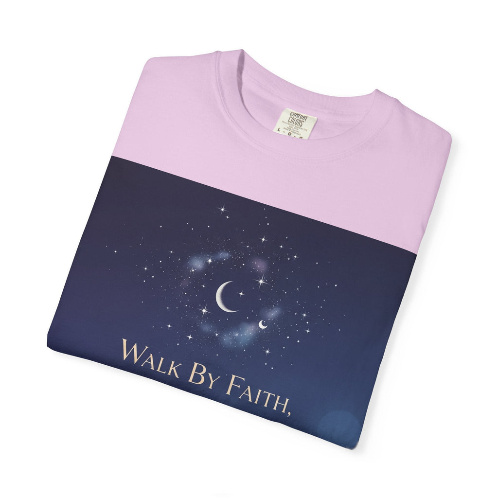 Walk by Faith, Not by Sight T-Shirt – Footprints in the Sand Christian Moonlit Tee Printify