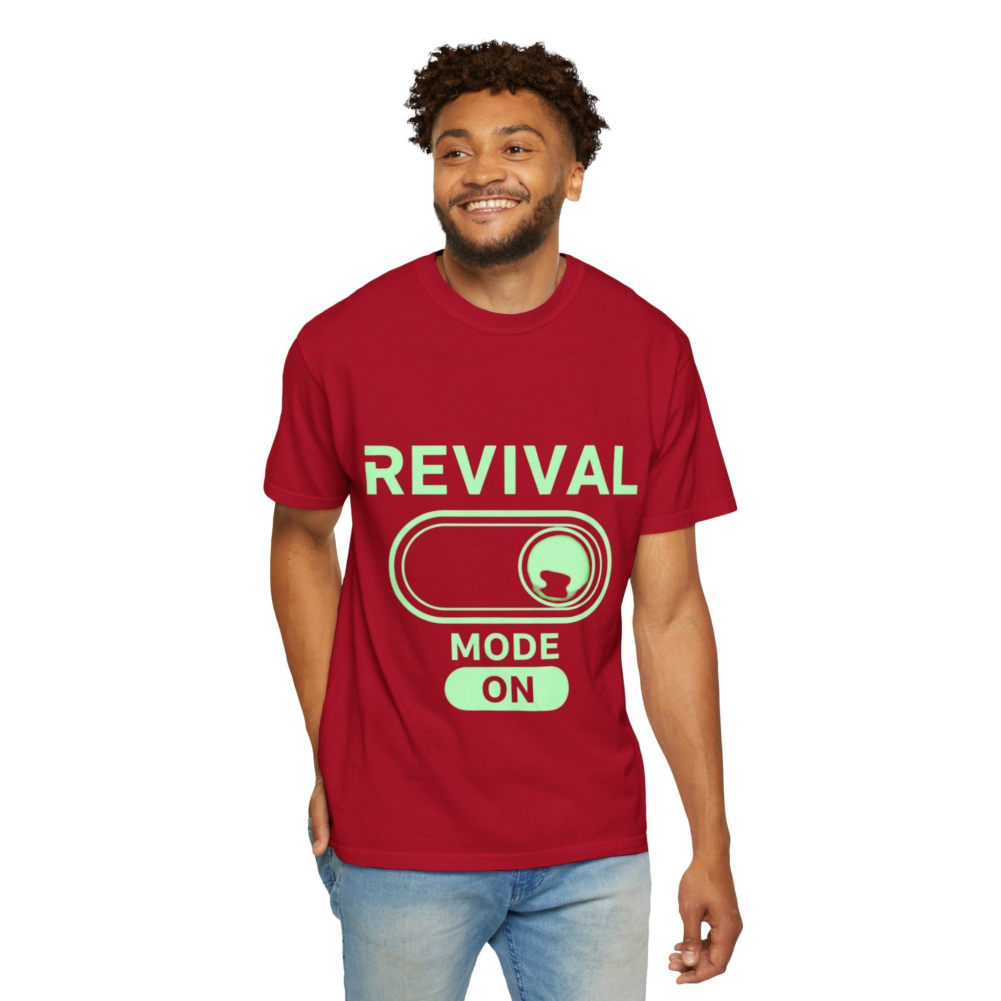 🔥 Revival Mode: ON – Christian Techwear T-Shirt | Glowing Green Faith Switch | Futuristic Jesus Shirt | Activate Your Spiritual Awakening | Uplifted Gear Printify