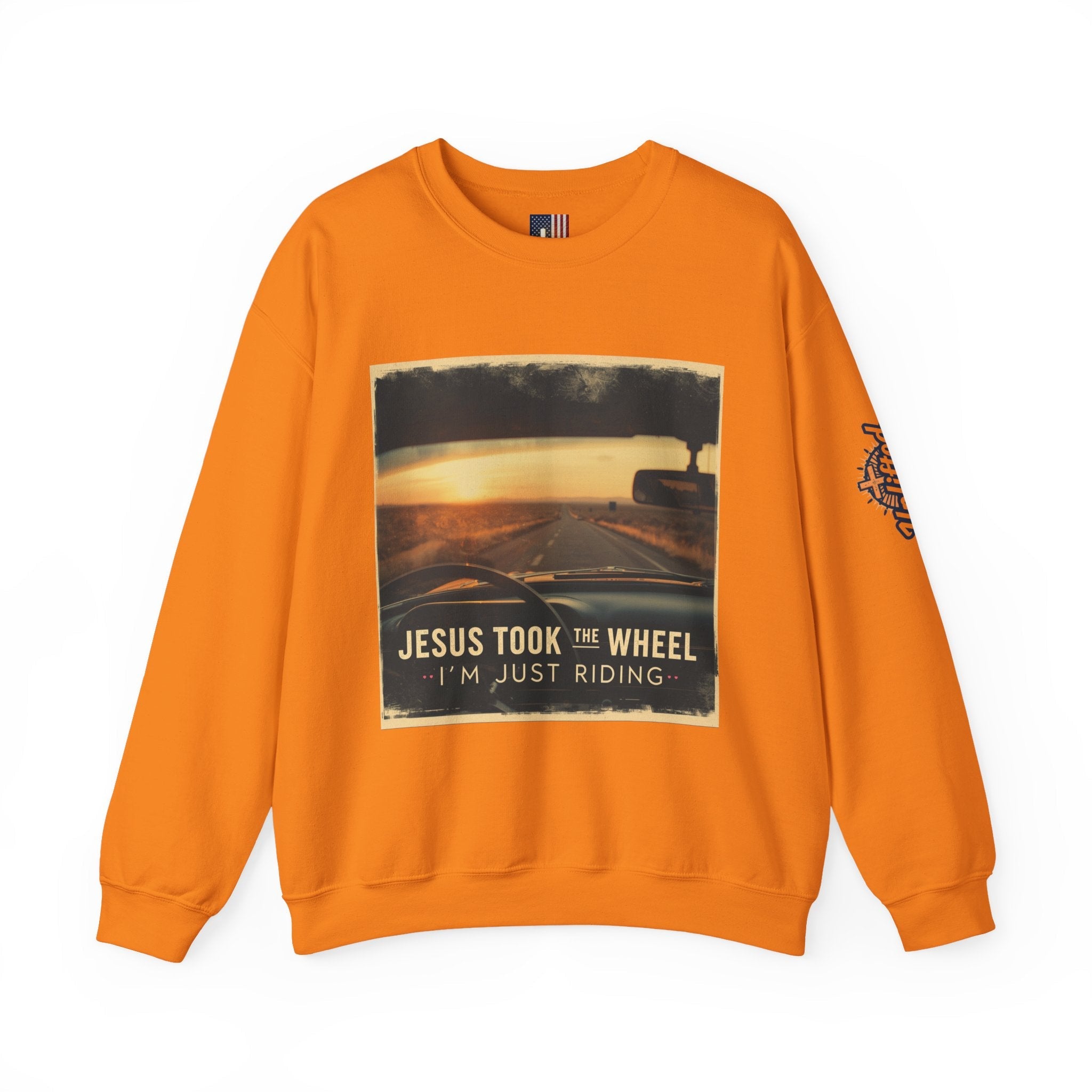 Jesus Took the Wheel I'm Just Riding Sweatshirt – Funny Christian Convertible Car Sweatshirt for Surrendered Faith & Humor Printify