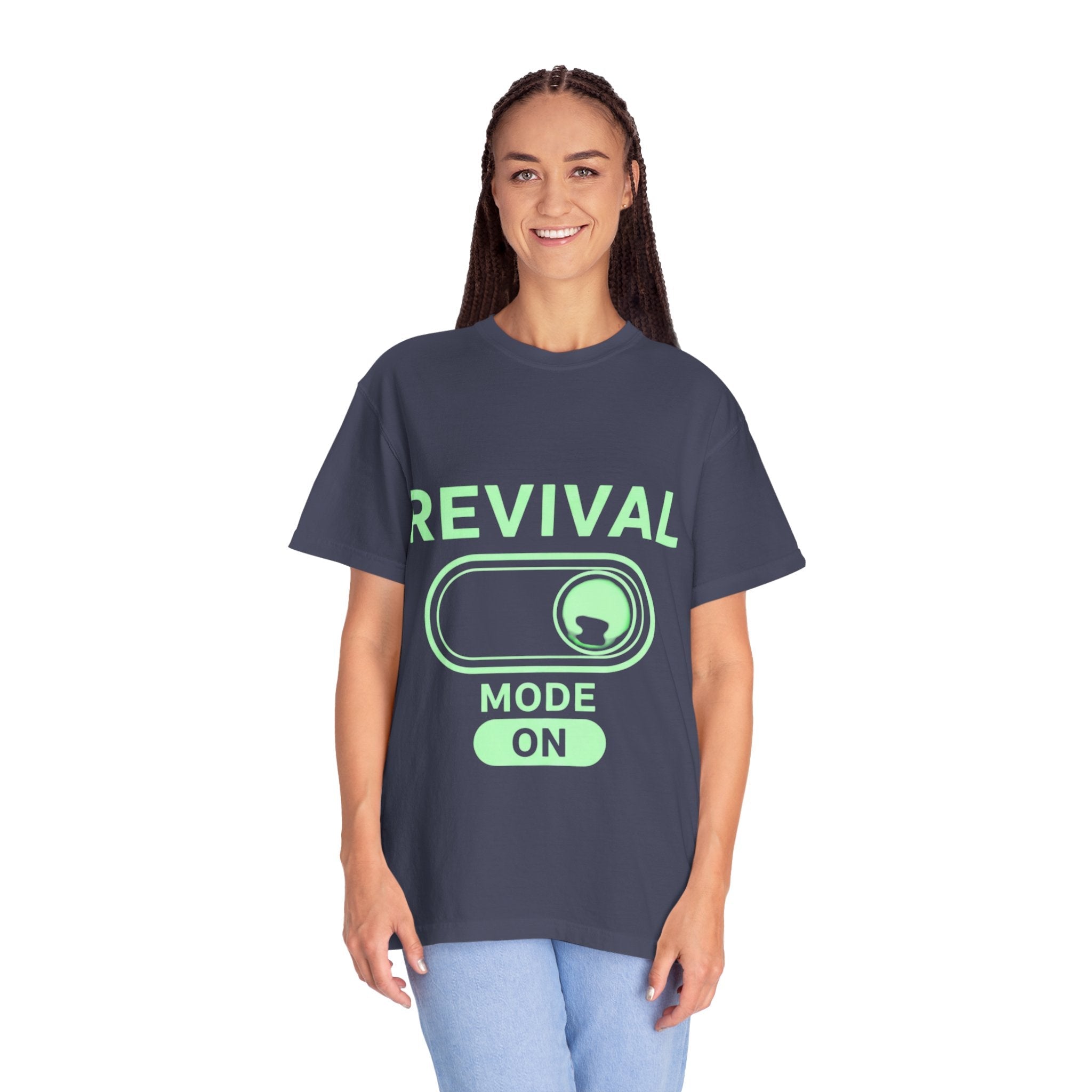 🔥 Revival Mode: ON – Christian Techwear T-Shirt | Glowing Green Faith Switch | Futuristic Jesus Shirt | Activate Your Spiritual Awakening | Uplifted Gear Printify