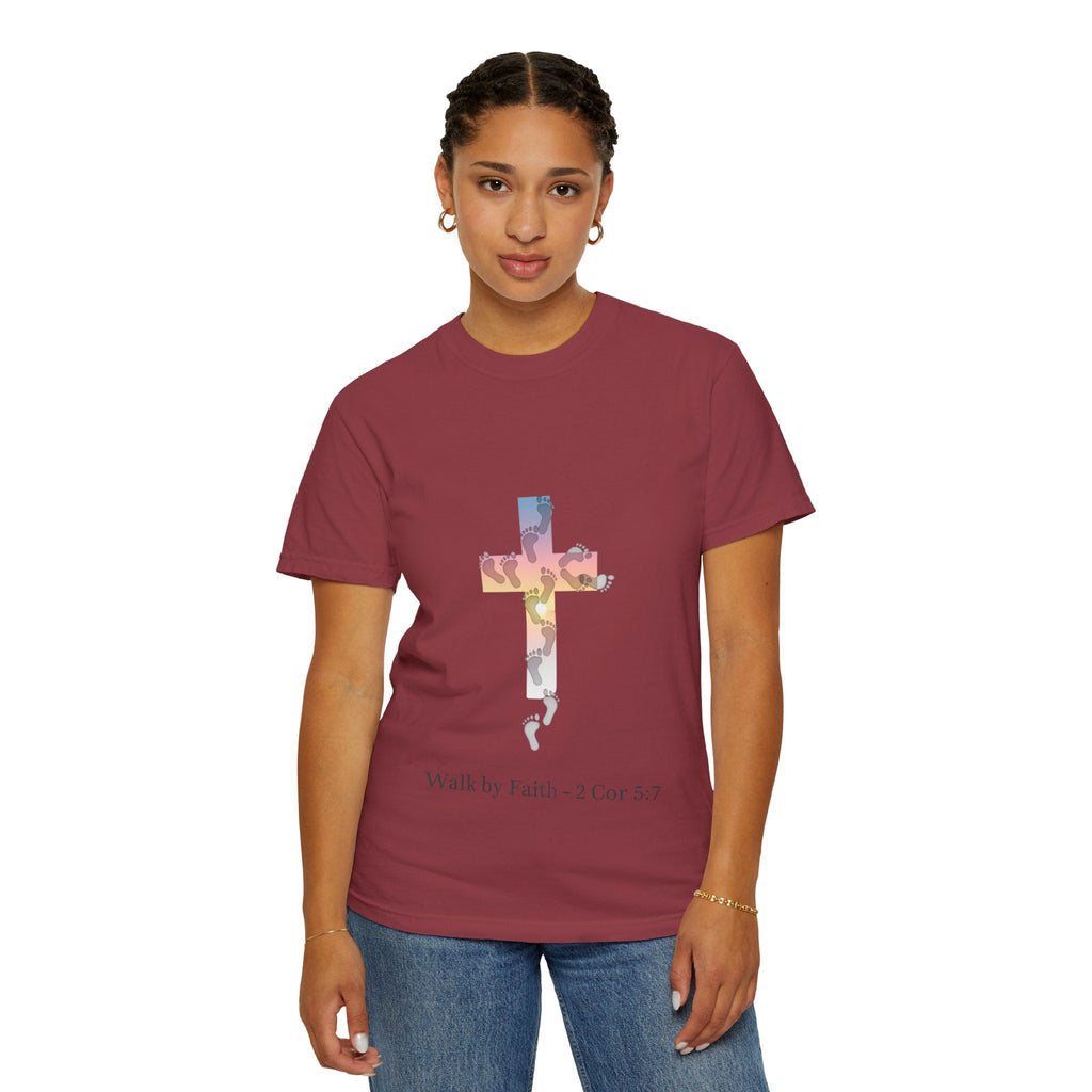 Walk by Faith T-Shirt – Cross & Footprints Christian Tee for Bold Believers Printify