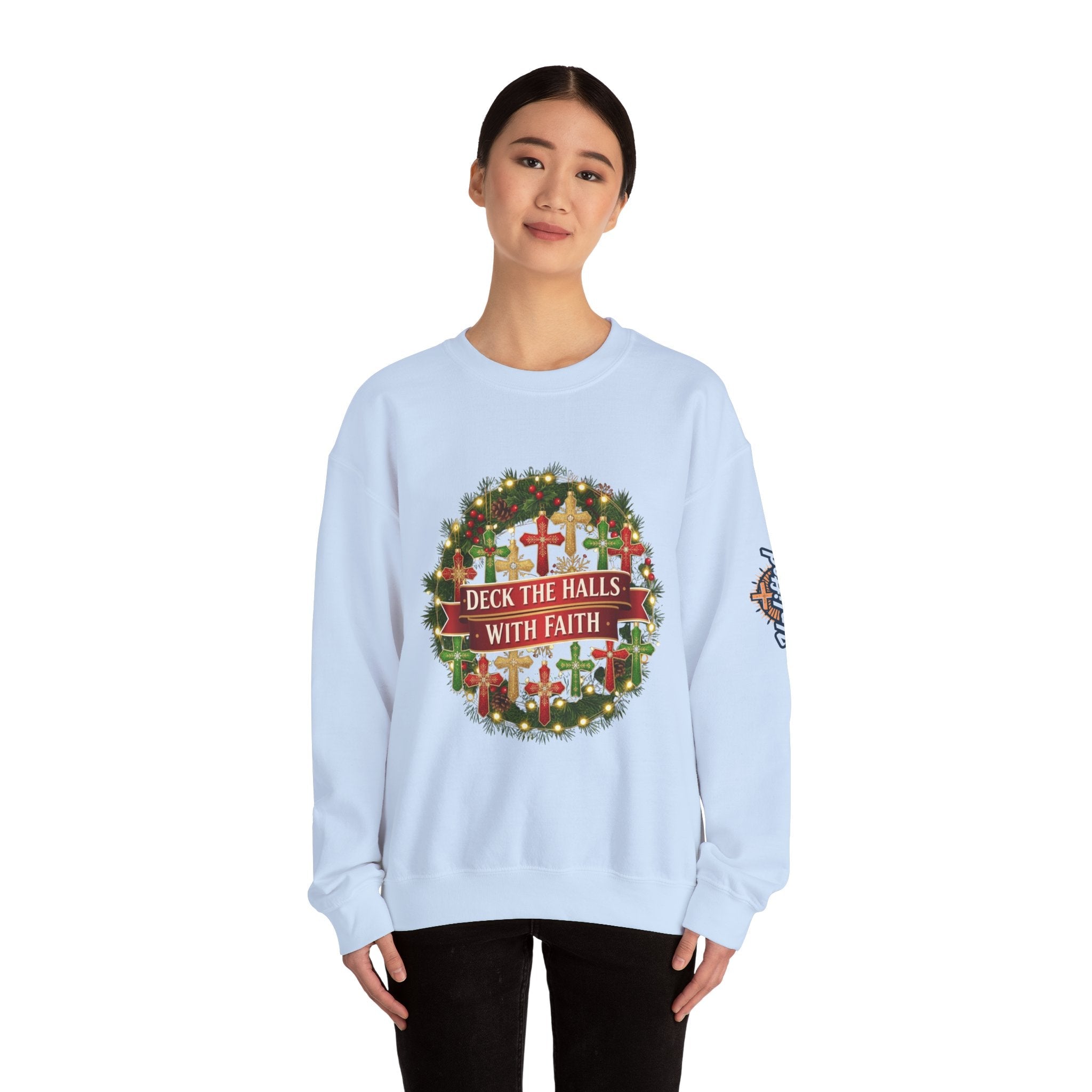 🎄 Deck the Halls with Faith – Christian Christmas Sweatshirt | Cross Ornament Design & Festive Garland | Bold Holiday Faith Tee by Uplifted Gear Printify