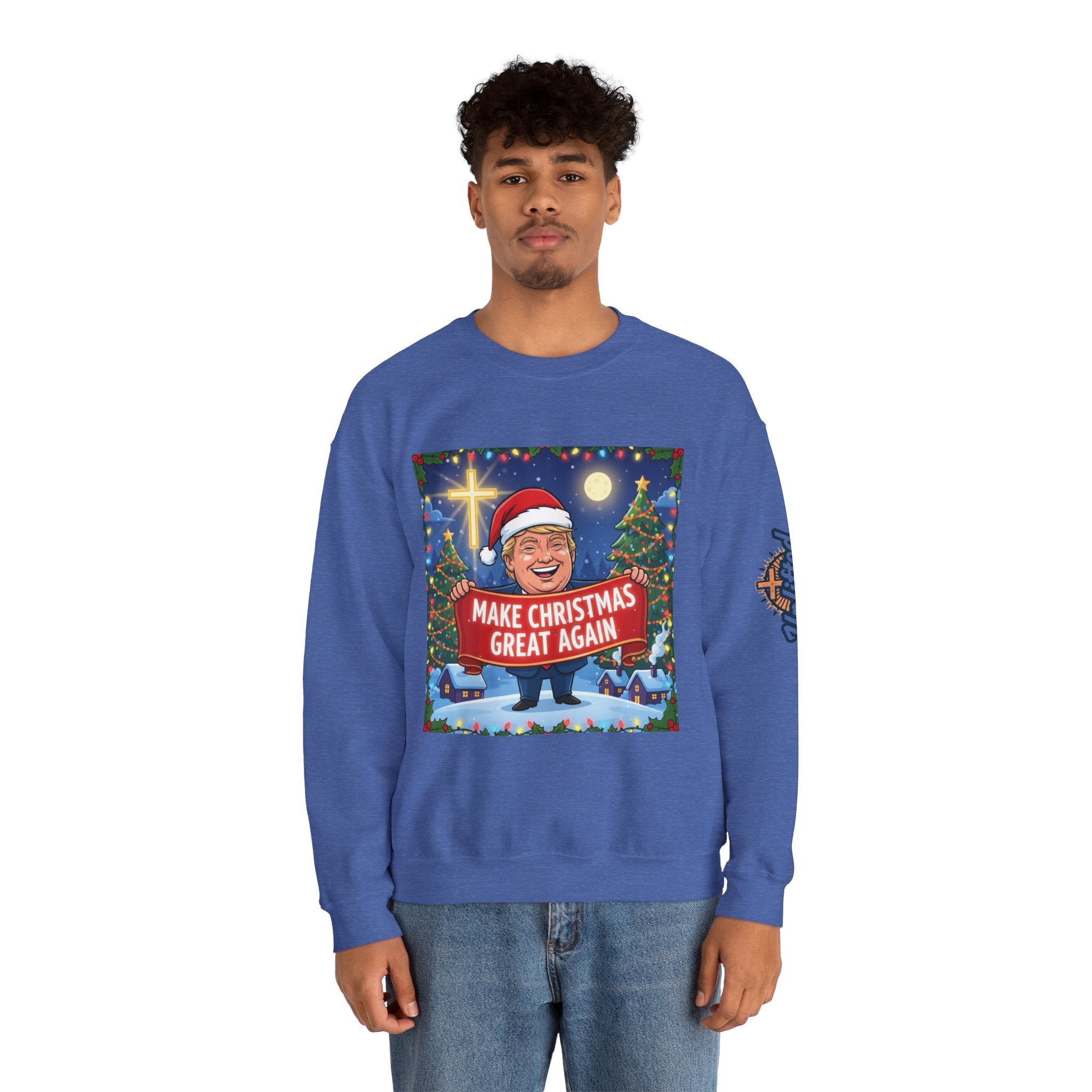 🎄 Make Christmas Great Again – Patriotic Christian Christmas Sweatshirt | Bold Holiday Faith Tee | Red & White Banner Design | Uplifted Gear Printify