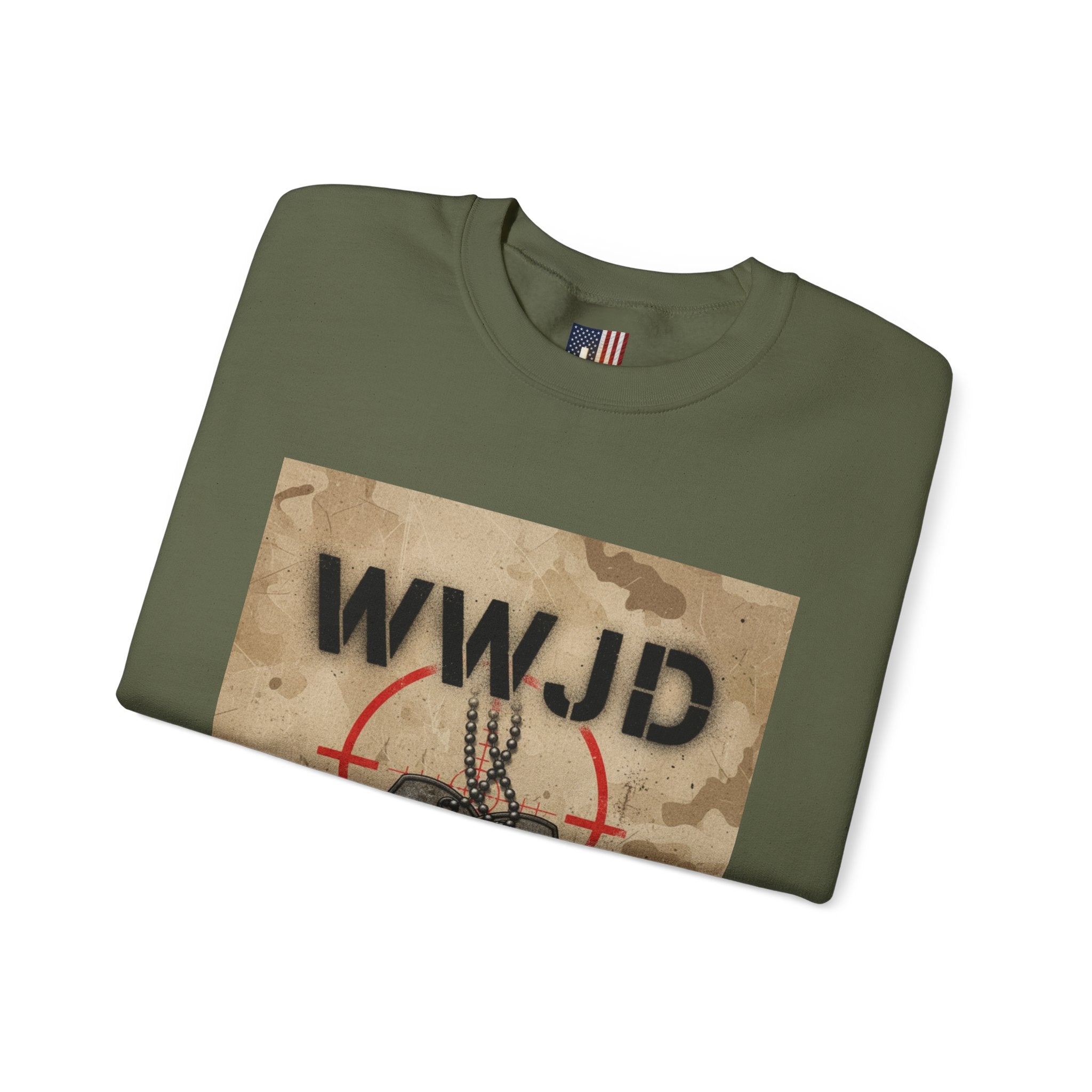 WWJD Sweatshirt – Military Dog Tags What Would Jesus Do Camo Christian Sweatshirt for Bold Faith & Streetwear Printify