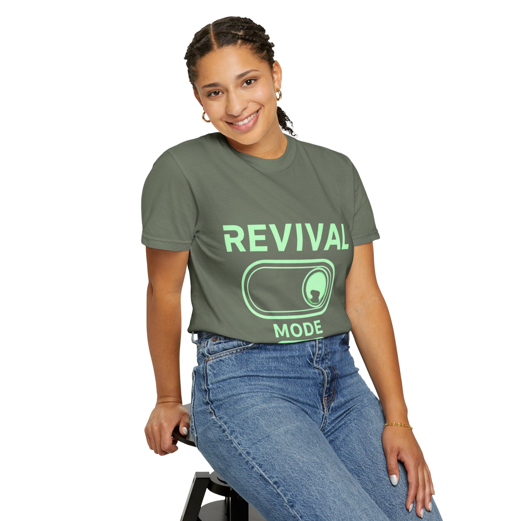🔥 Revival Mode: ON – Christian Techwear T-Shirt | Glowing Green Faith Switch | Futuristic Jesus Shirt | Activate Your Spiritual Awakening | Uplifted Gear Printify