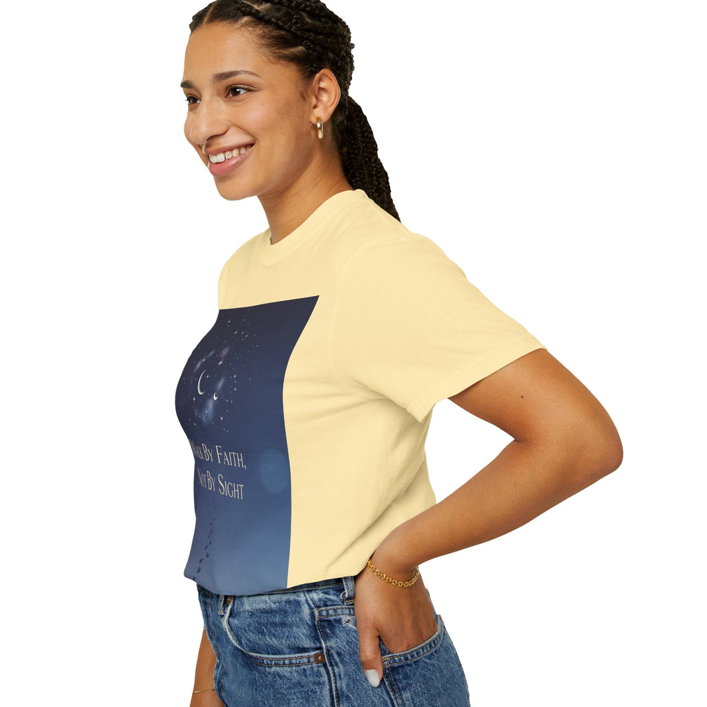 Walk by Faith, Not by Sight T-Shirt – Footprints in the Sand Christian Moonlit Tee Printify