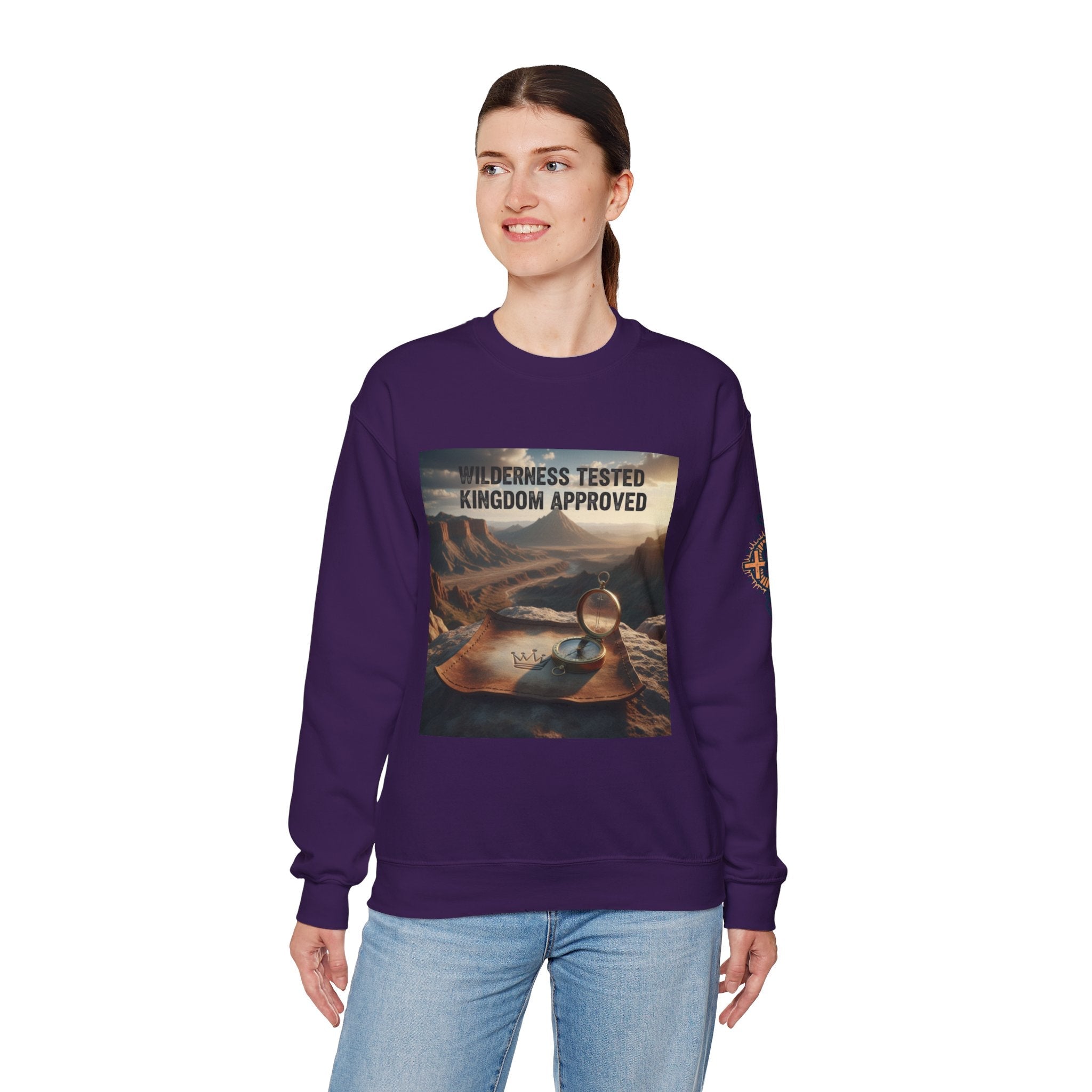 Wilderness Tested Kingdom Approved Sweatshirt – Mountain Desert Compass Crown Christian Sweatshirt for Biblical Adventure Faith Printify