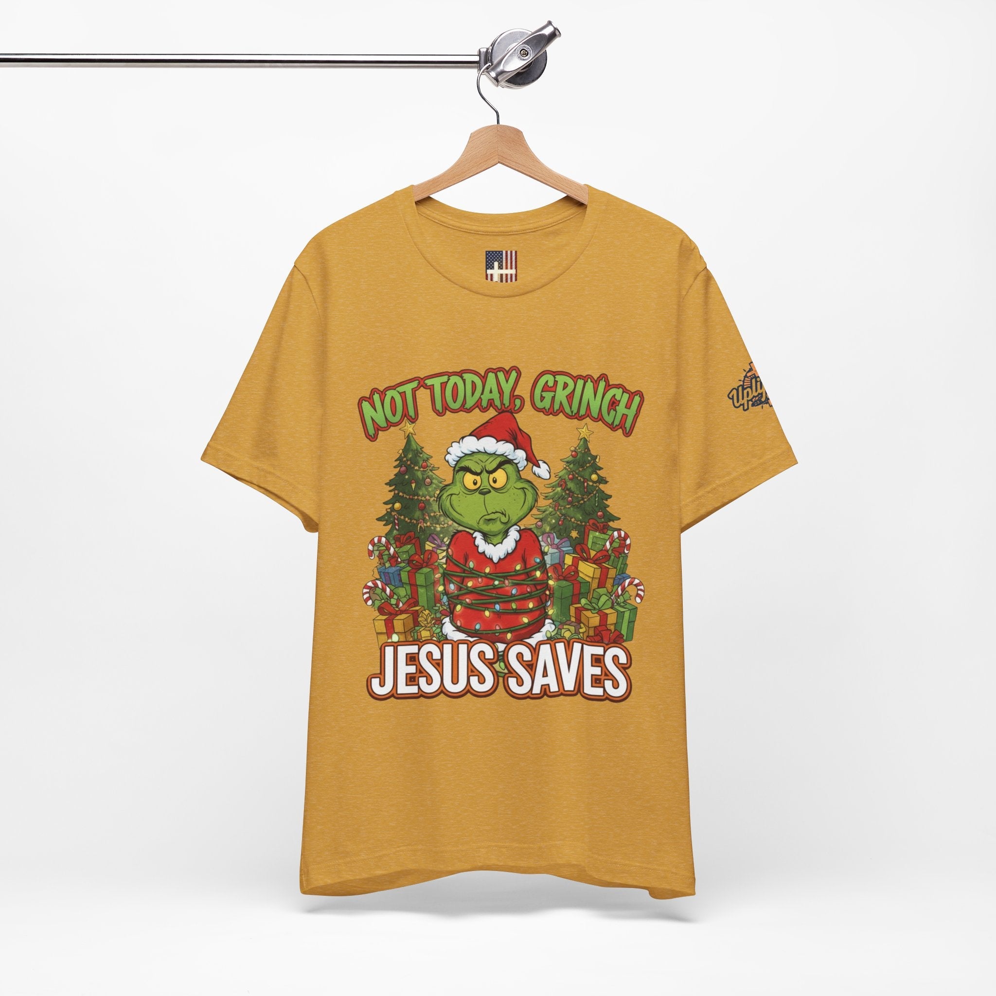 🎄 Not Today, Grinch – Jesus Saves | Funny Christian Christmas T-Shirt | Sulking Grinch & Glowing Cross | Bold Neon Faith Tee by Uplifted Gear Printify