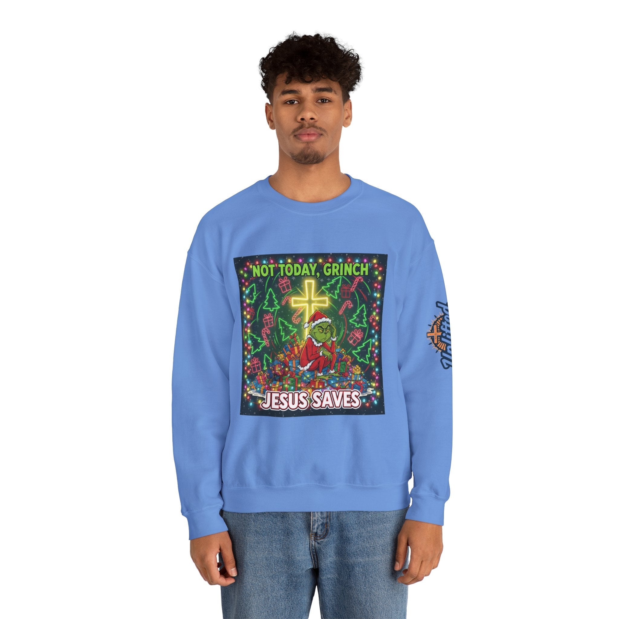 🎄 Not Today, Grinch – Jesus Saves | Funny Christian Christmas Sweatshirt | Festive Green & Red Cartoon Style | Bold Faith Holiday Tee by Uplifted Gear Printify