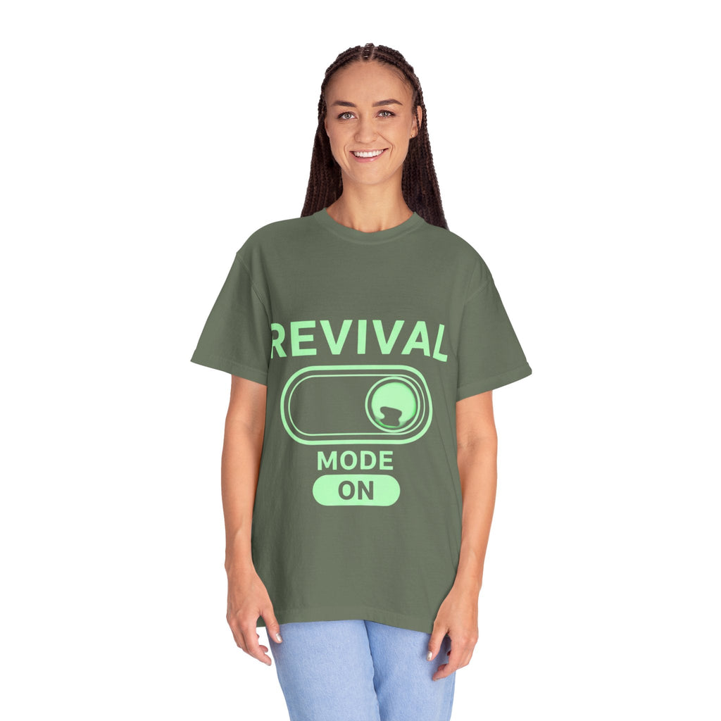 🔥 Revival Mode: ON – Christian Techwear T-Shirt | Glowing Green Faith Switch | Futuristic Jesus Shirt | Activate Your Spiritual Awakening | Uplifted Gear Printify