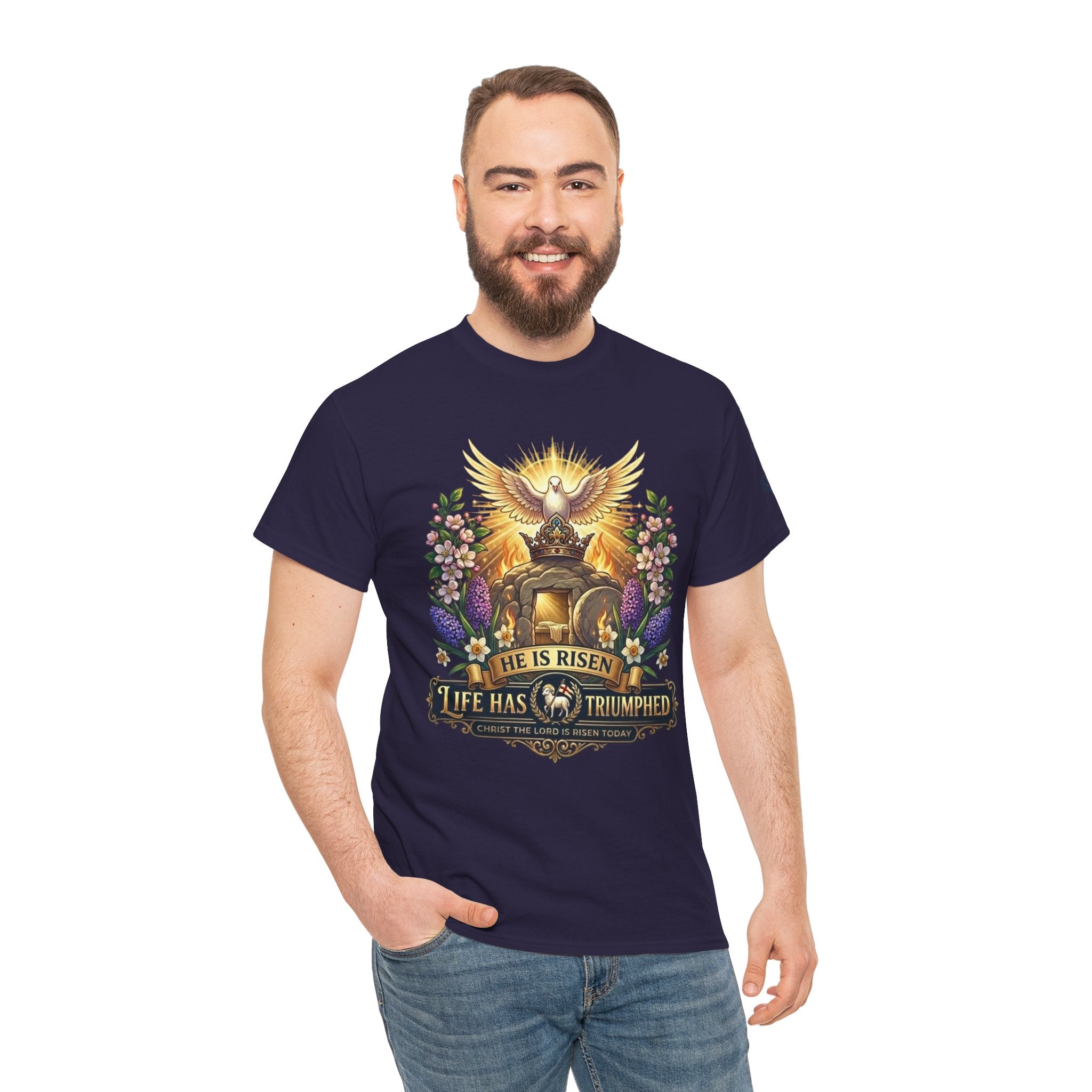 He Is Risen "Life Has Triumphed" T-Shirt — Easter Resurrection Christian Tee Printify