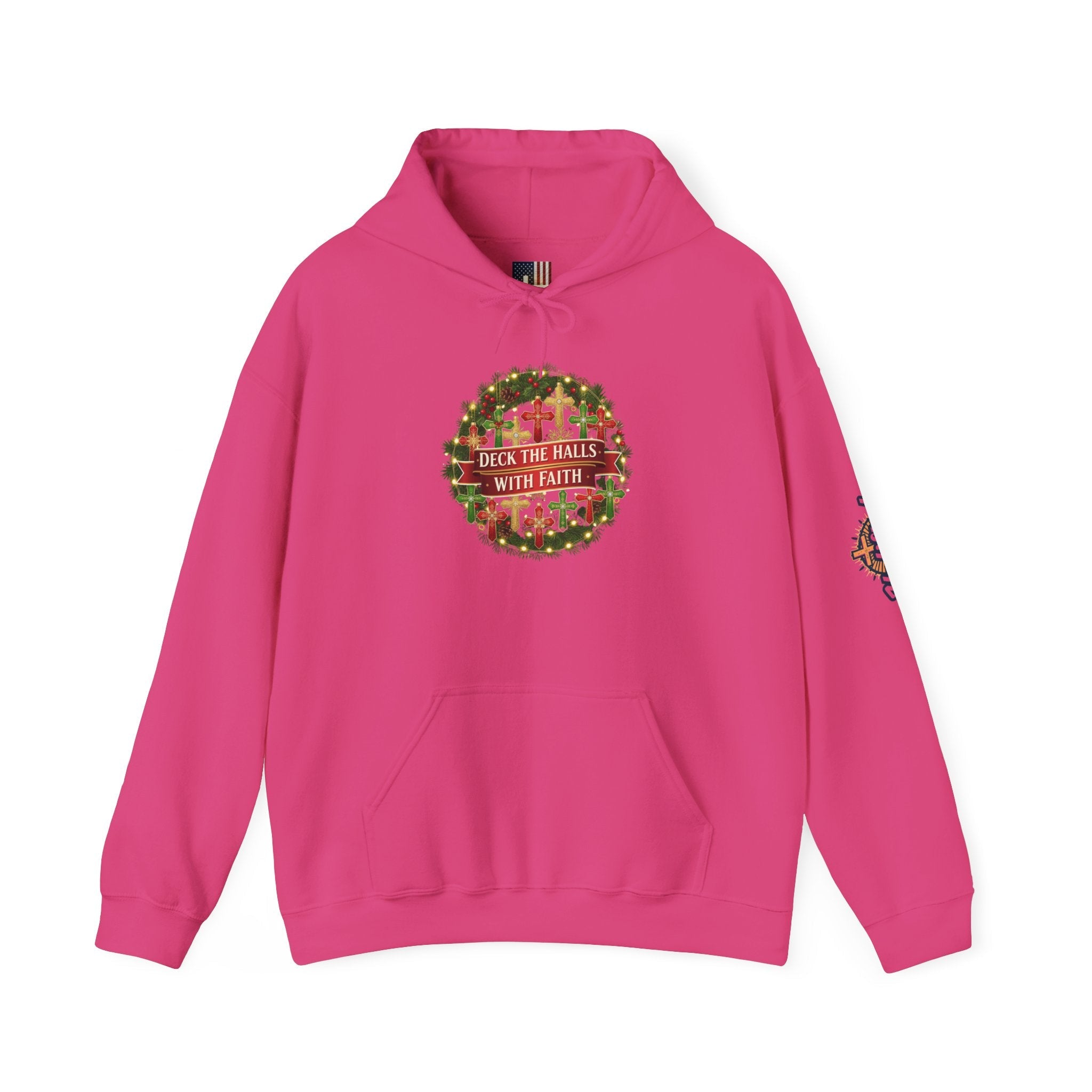 🎄 Deck the Halls with Faith – Christian Christmas Hoodie | Cross Ornament Design & Festive Garland | Bold Holiday Faith Tee by Uplifted Gear Printify