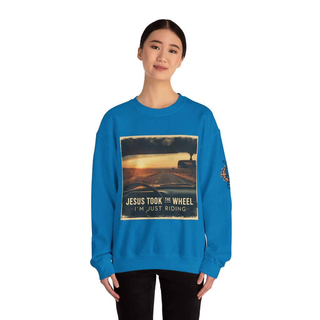 Jesus Took the Wheel I'm Just Riding Sweatshirt – Funny Christian Convertible Car Sweatshirt for Surrendered Faith & Humor Printify
