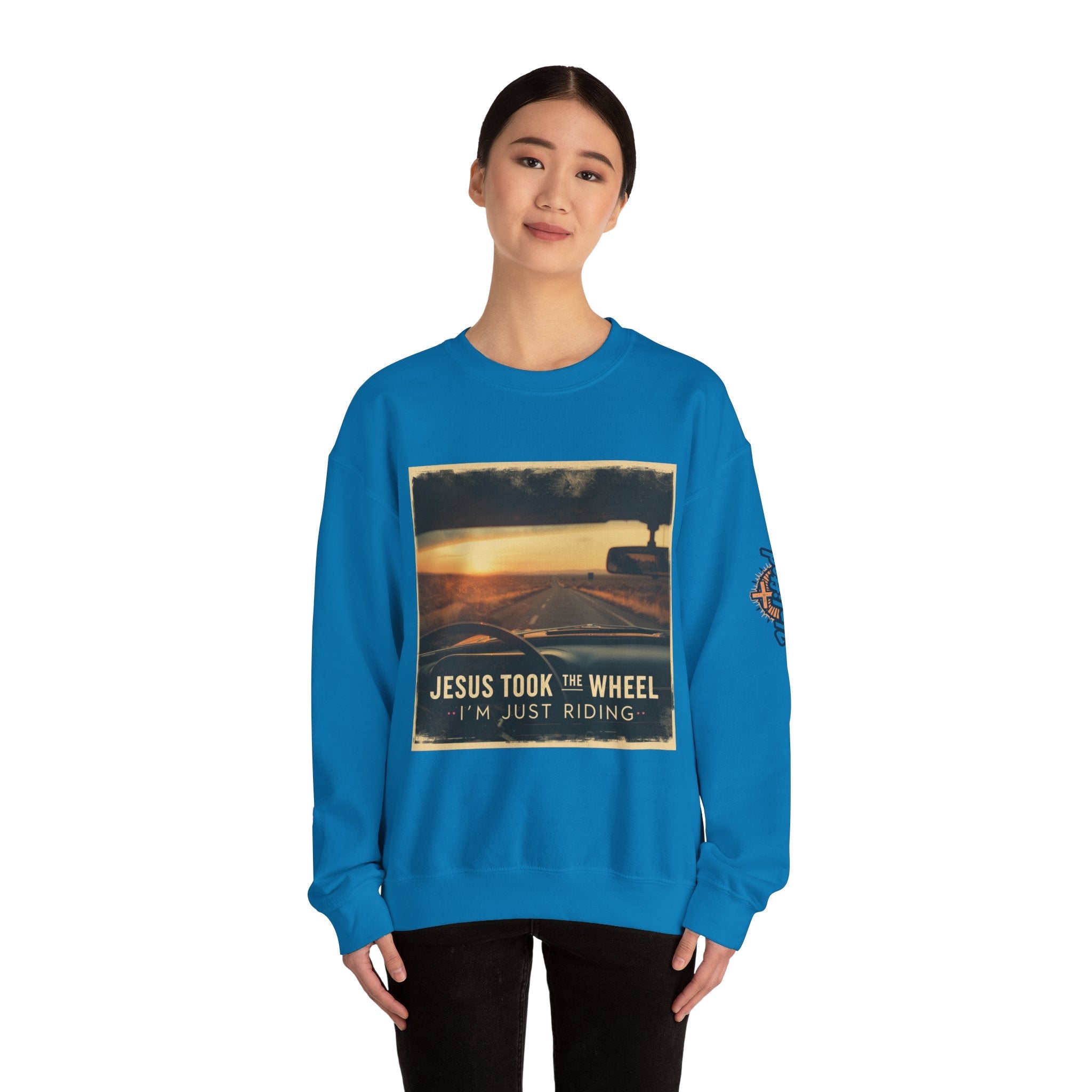 Jesus Took the Wheel I'm Just Riding Sweatshirt – Funny Christian Convertible Car Sweatshirt for Surrendered Faith & Humor Printify