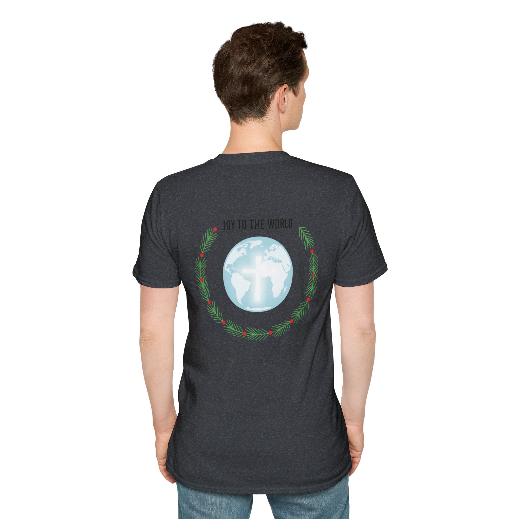 Joy to the World T-shirt – Wreath Earth Nativity Christian Christmas T-shirt for Isaiah 9:6 Holiday Faith & Festive Joy Printify