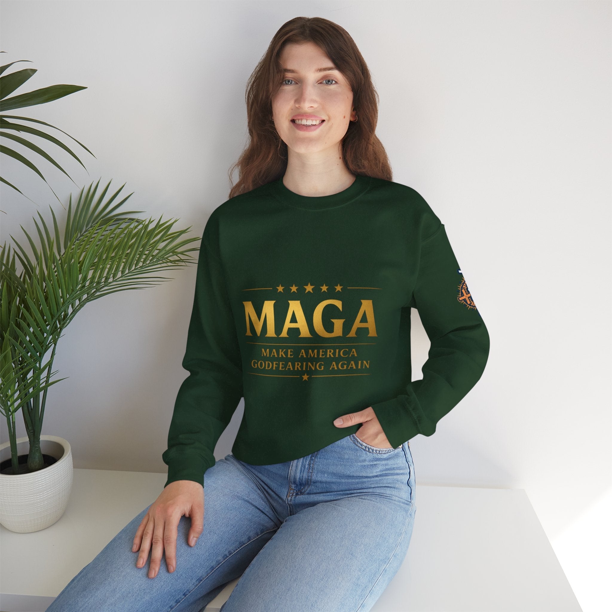 Sweatshirt — "MAGA Make America Godfearing Again" Gold Logo Crewneck Printify