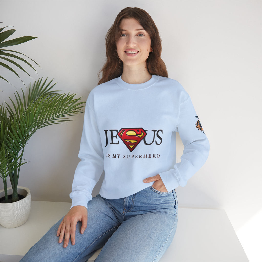 Jesus Is My Superhero Crewneck Sweatshirt Printify