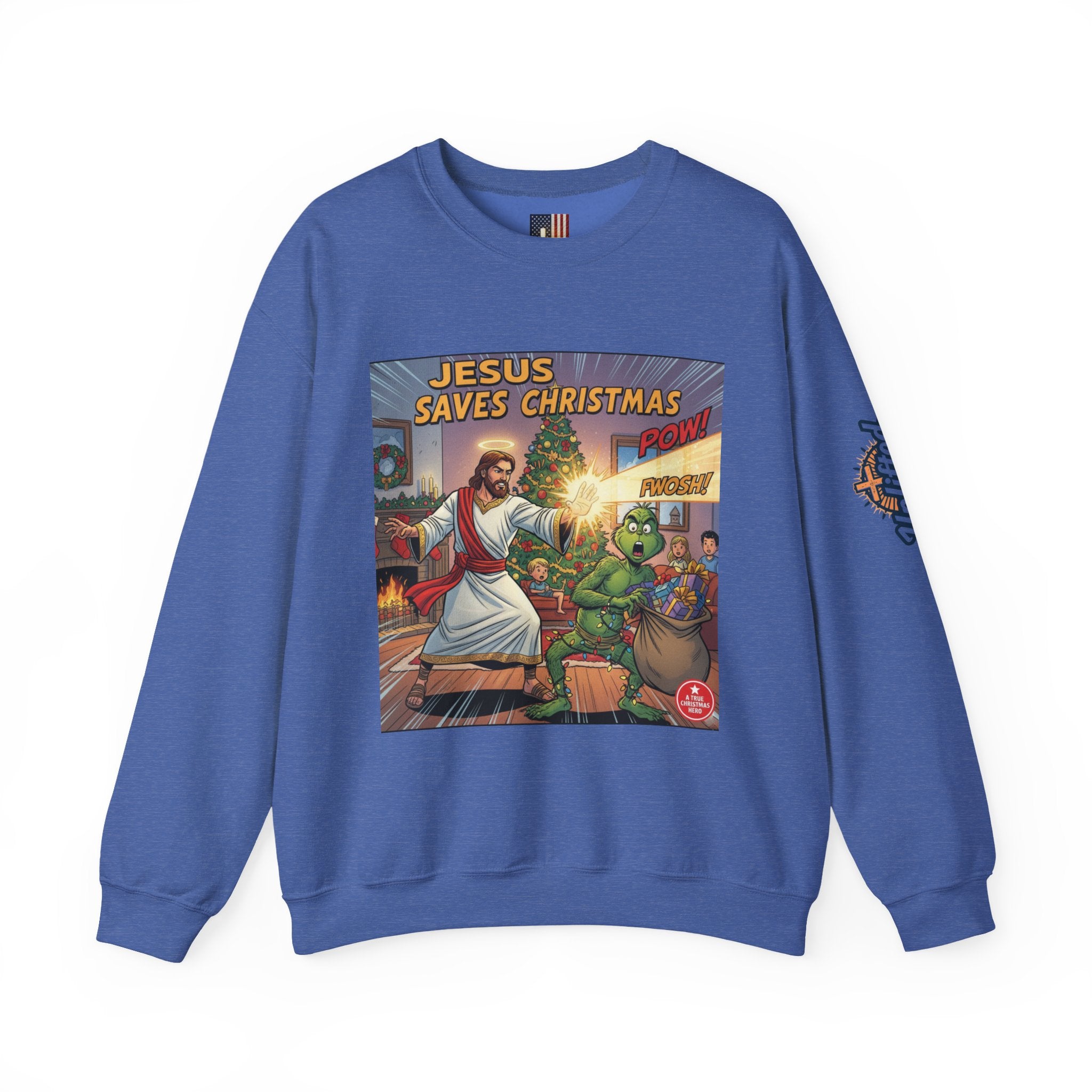 Jesus Saves Christmas Sweatshirt – Grinch vs Savior Light Battle Christian Sweatshirt for Hilarious Holiday Faith & True Joy Printify