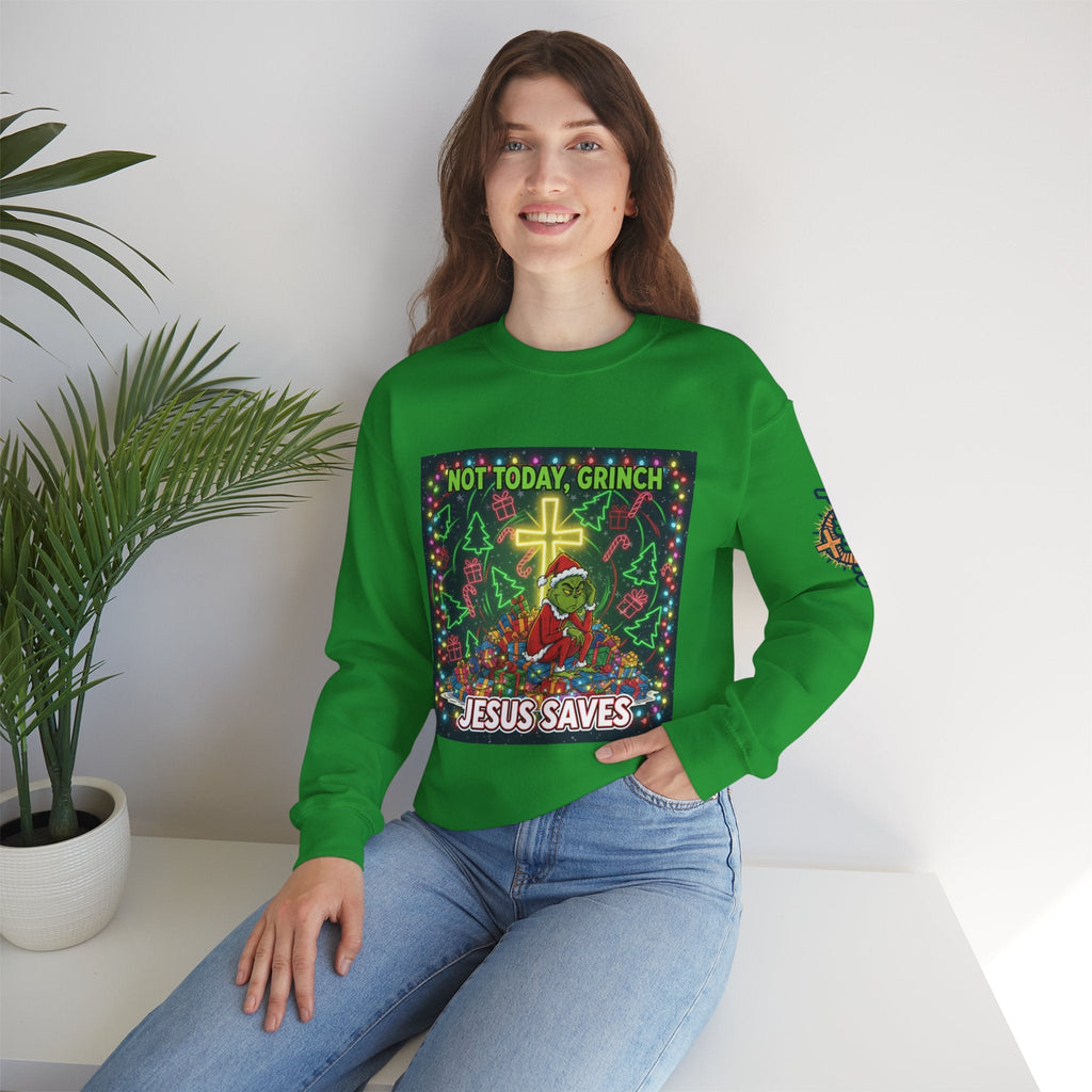 🎄 Not Today, Grinch – Jesus Saves | Funny Christian Christmas Sweatshirt | Festive Green & Red Cartoon Style | Bold Faith Holiday Tee by Uplifted Gear Printify