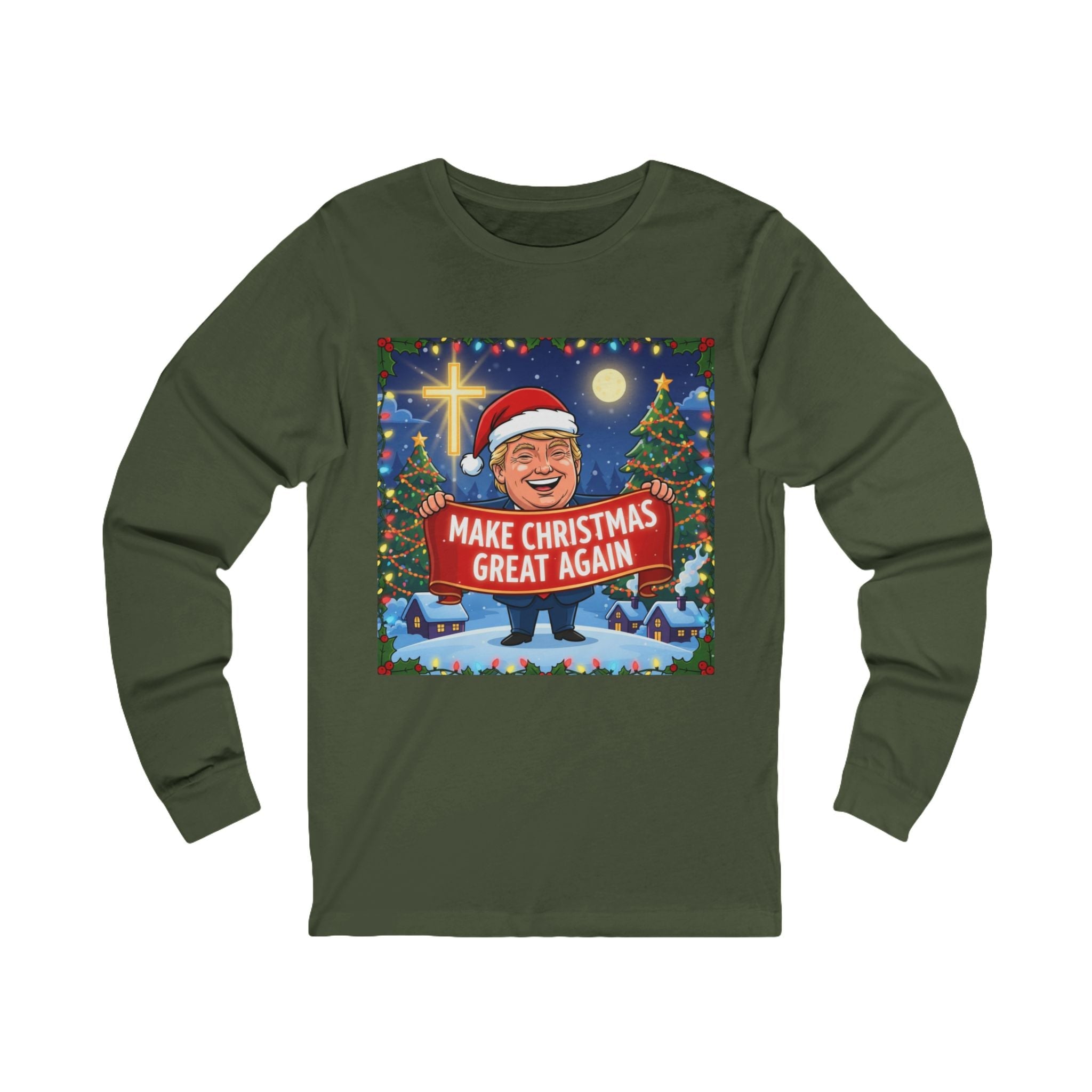 🎄 Make Christmas Great Again – Patriotic Christian Christmas Long Sleeve Shirt | Bold Holiday Faith Tee | Red & White Banner Design | Uplifted Gear Printify