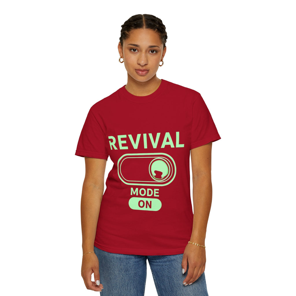 🔥 Revival Mode: ON – Christian Techwear T-Shirt | Glowing Green Faith Switch | Futuristic Jesus Shirt | Activate Your Spiritual Awakening | Uplifted Gear Printify