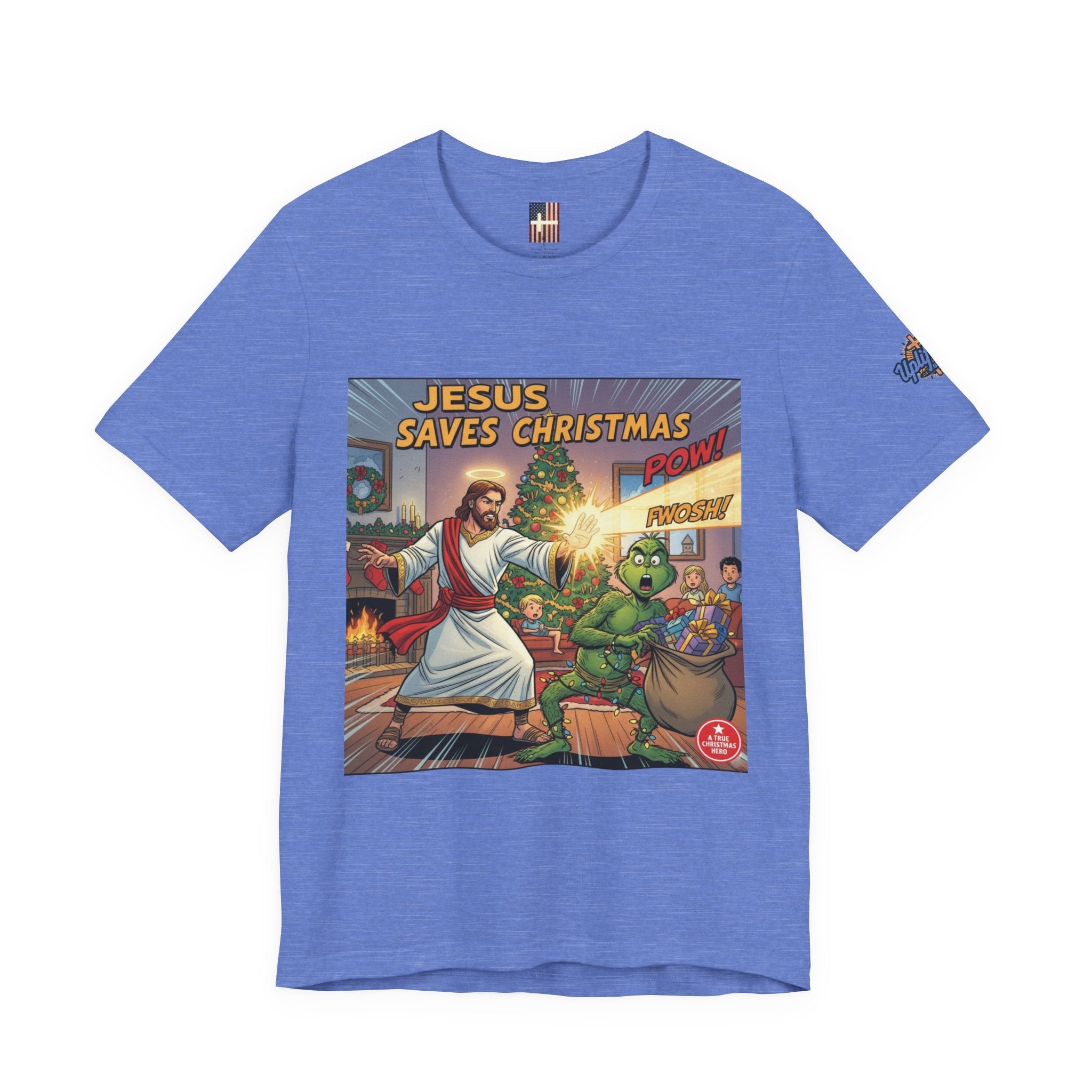 Jesus Saves Christmas T-shirt – Grinch vs Savior Light Battle Christian T-shirt for Hilarious Holiday Faith & True Joy Printify