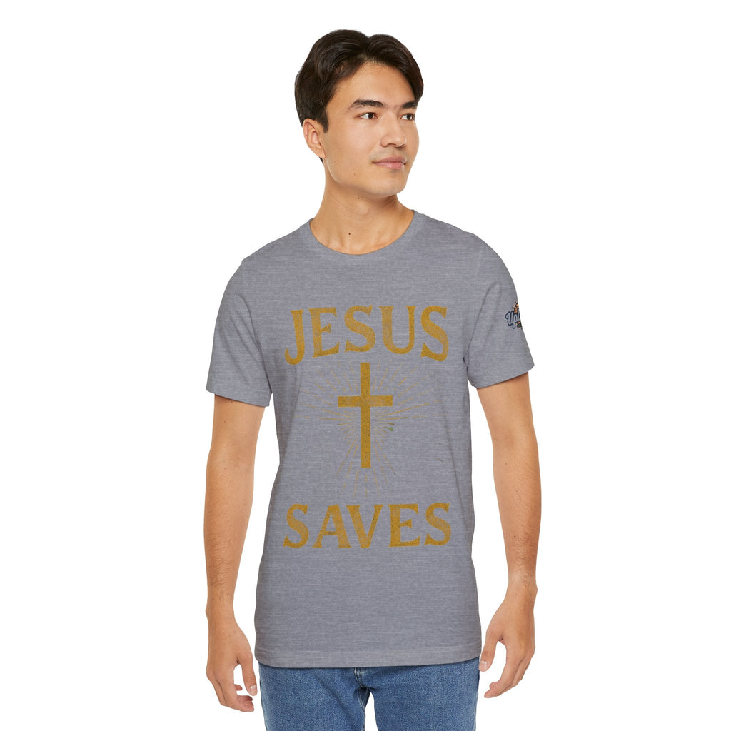 Jesus Saves T-shirt – Radiant Cross & Rays of Light Christian T-shirt for Eternal Hope & Faith Printify