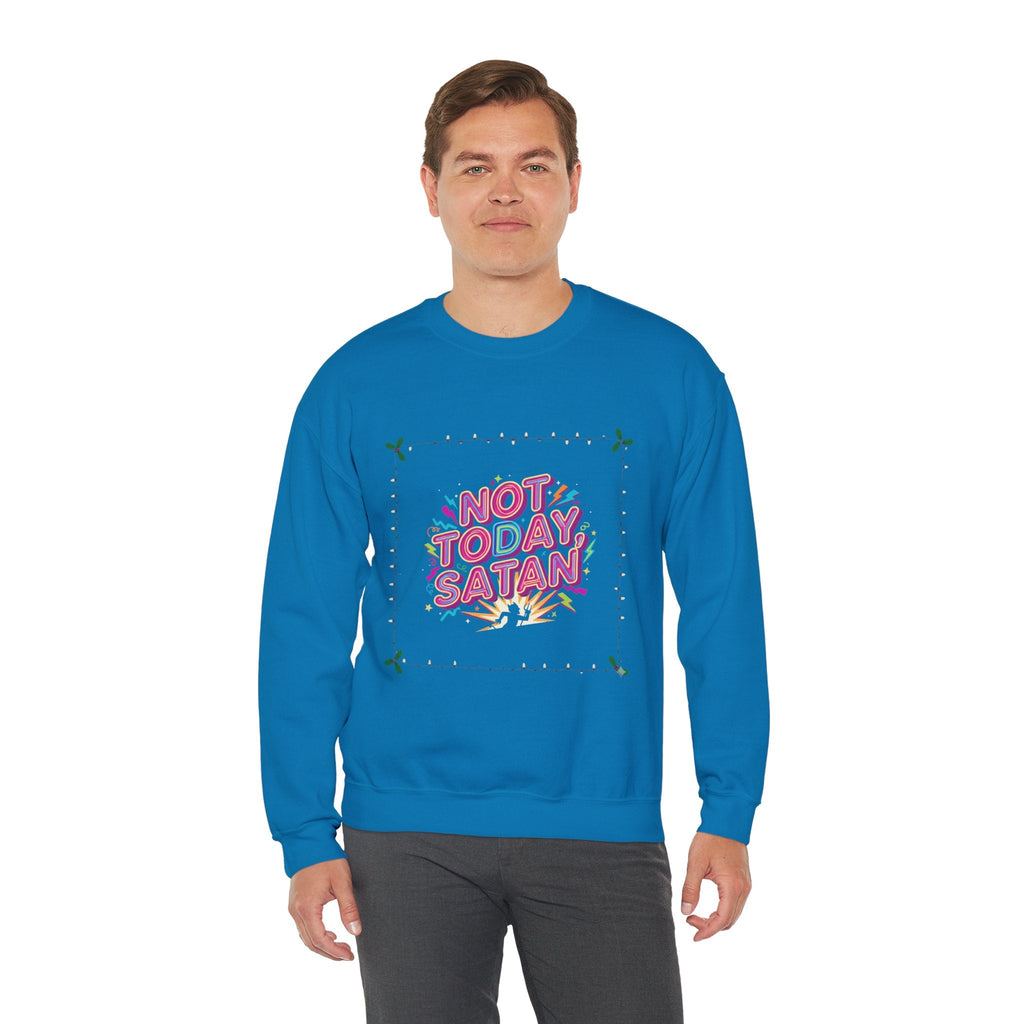 🔥 Not Today, Satan – Retro 90s Christian Sweatshirt | Neon Faith Tee | Funky Cartoon Devil | Bold Bible Verse Shirt | Uplifted Gear Printify