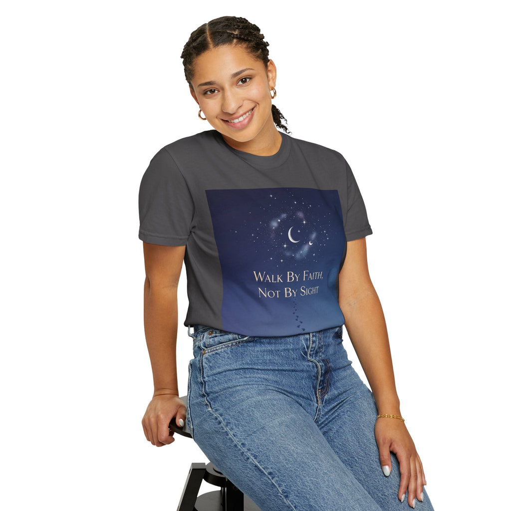 Walk by Faith, Not by Sight T-Shirt – Footprints in the Sand Christian Moonlit Tee Printify