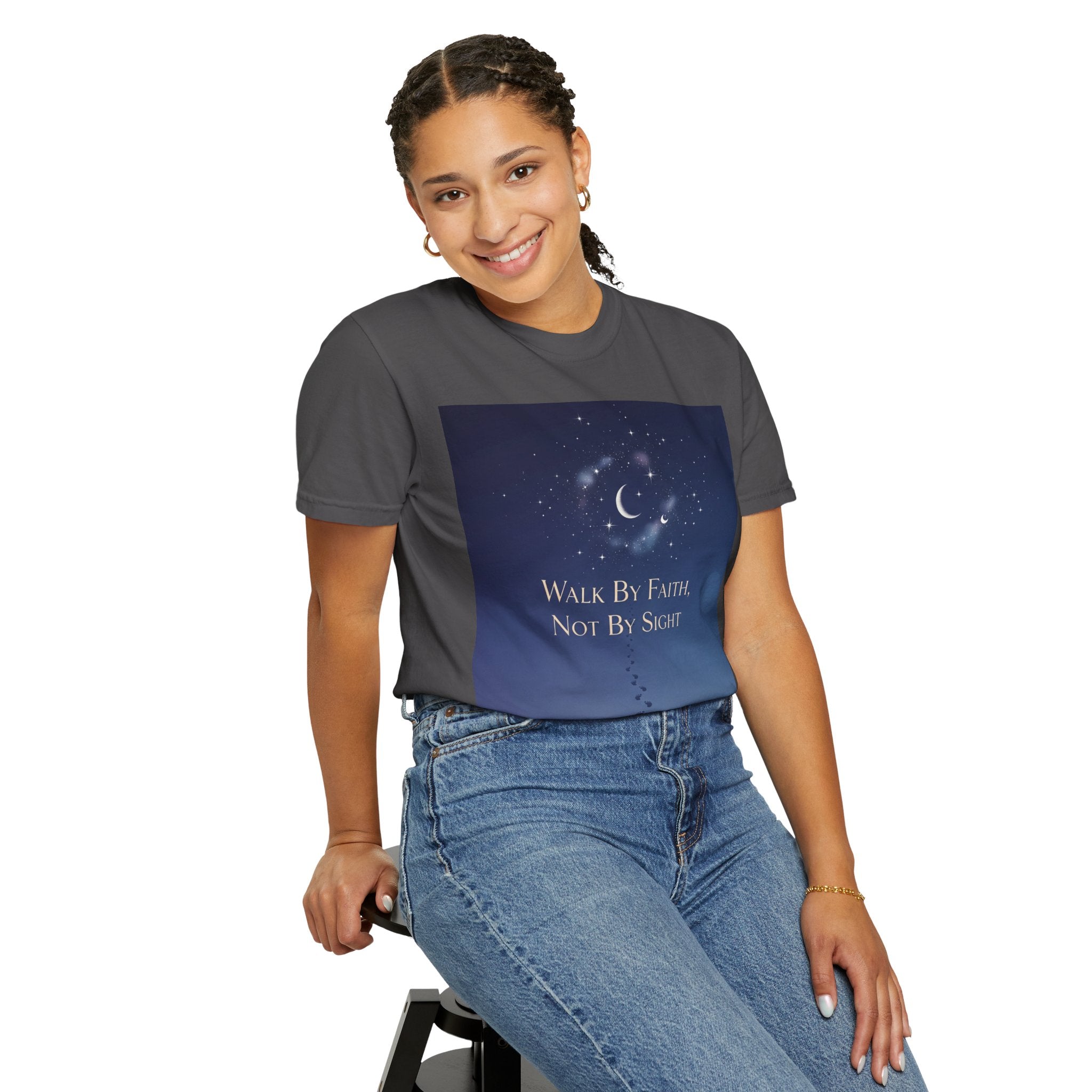 Walk by Faith, Not by Sight T-Shirt – Footprints in the Sand Christian Moonlit Tee Printify
