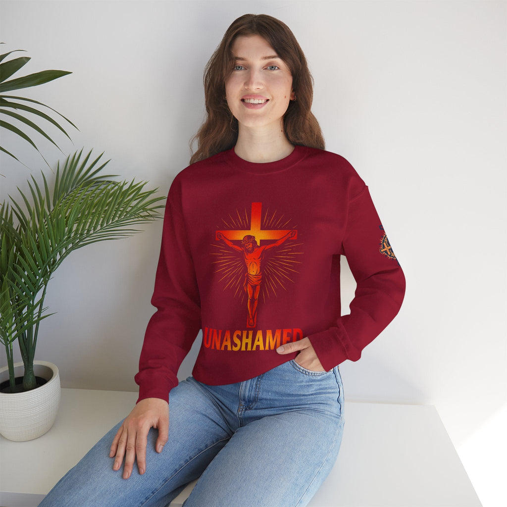 Unashamed Sweatshirt – Romans 1:16 Crucifixion Christian Sweatshirt for Bold Unwavering Faith Printify